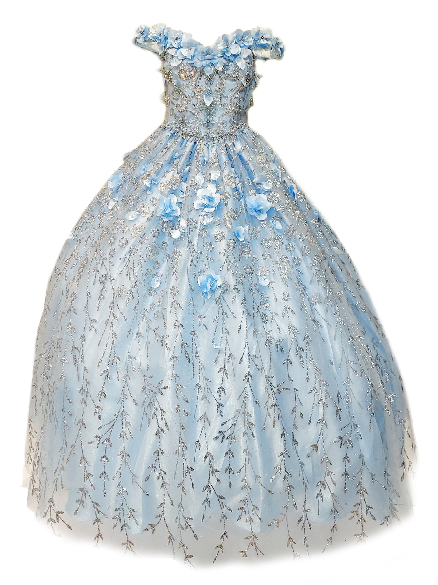 Elegant Blue Rhinestone Flower Applique Off-Shoulder Ball Gown for Girls Size 8-16 | Perfect for Prom, Quinceañera & Special Occasions