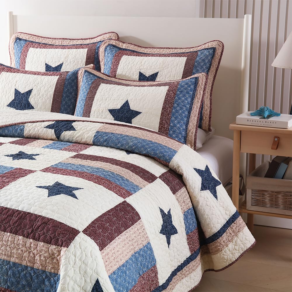 3-Piece Cotton Reversible Quilt Set for All Seasons - Queen Size Star Patchwork Bedspread | Boys' Bedroom Decor & Cozy Home Comfort