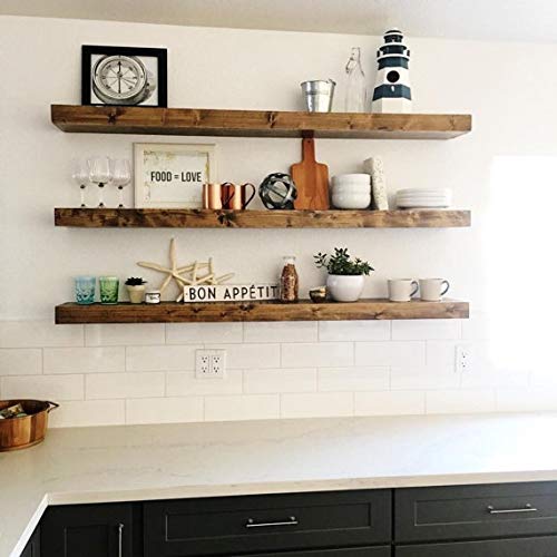 Rustic White Wash Wooden Floating Shelves Set of 3 - 7.5x1.5x24 Inch Wall Mounted Shelves for Home, Kitchen, Bathroom, Bedroom & Office Organization - Easy Installation with Brackets | Perfect for Displaying Decor, Books & Storage