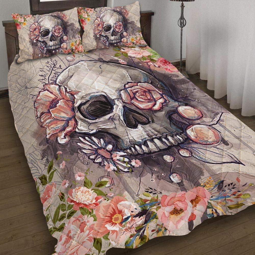GEEMBI Queen Size Quilt Bedding Set - Soft Microfiber Flower Skull Design All Season Coverlet with Pillow Shams (King/Queen/Twin) - Perfect for Bedroom Decor, Guest Room & Cozy Gift Ideas