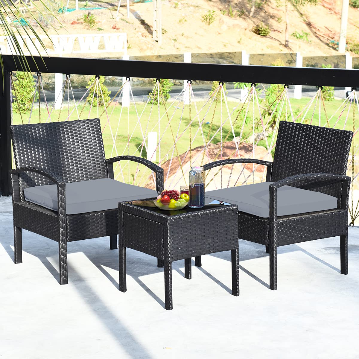 Tangkula 3-Piece Outdoor Patio Furniture Set - Grey Rattan Sofa with Cushions & Coffee Table - Weather-Resistant Wicker Conversation Set for Garden, Balcony, Backyard, Poolside (Perfect for Relaxing, Entertaining Guests & Outdoor Dining)