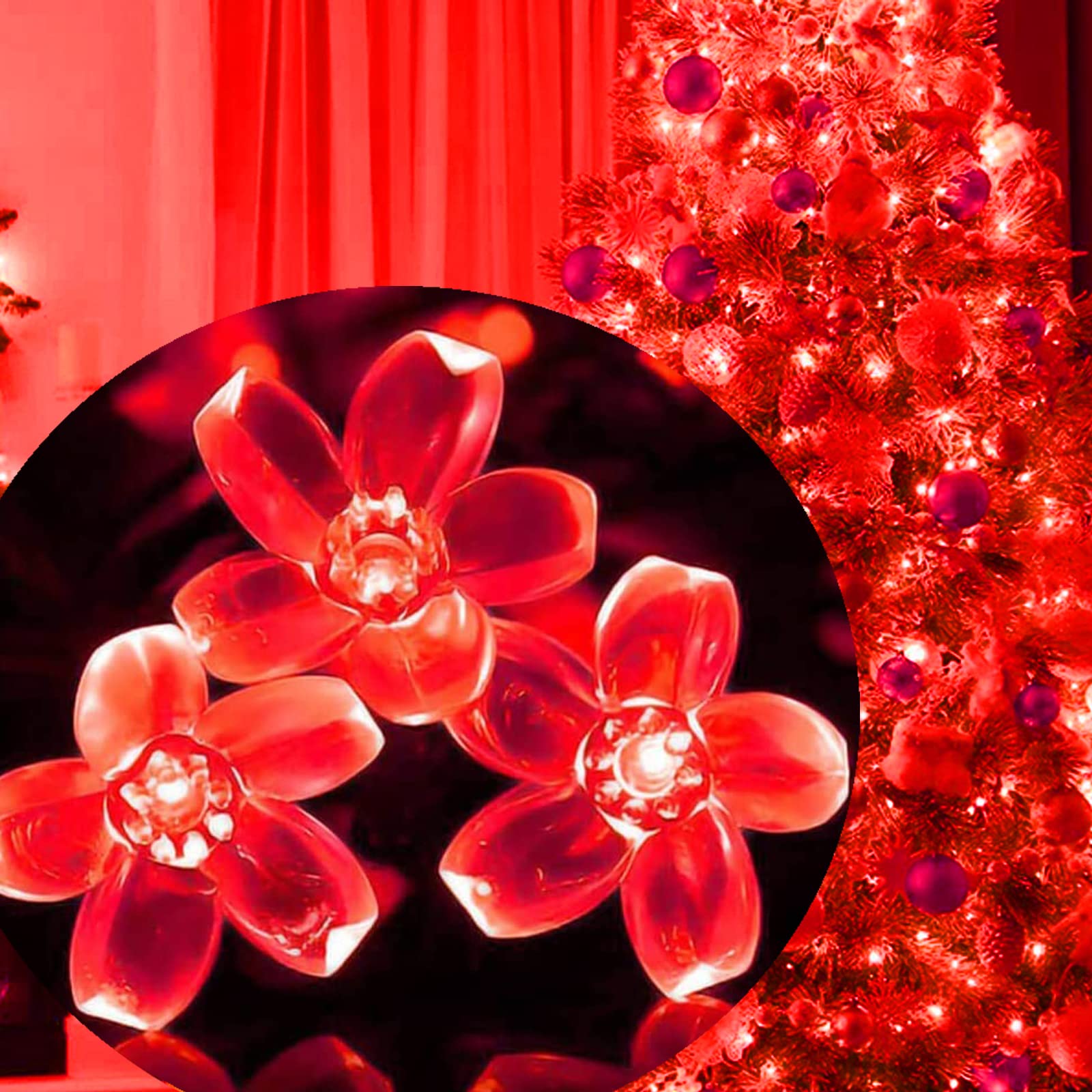 100 LED Cherry Blossom String Lights - Red Flower Fairy Lights for Bedroom Decor, Party, Wedding & Outdoor Garden - Extendable Romantic LED Lights (Red)