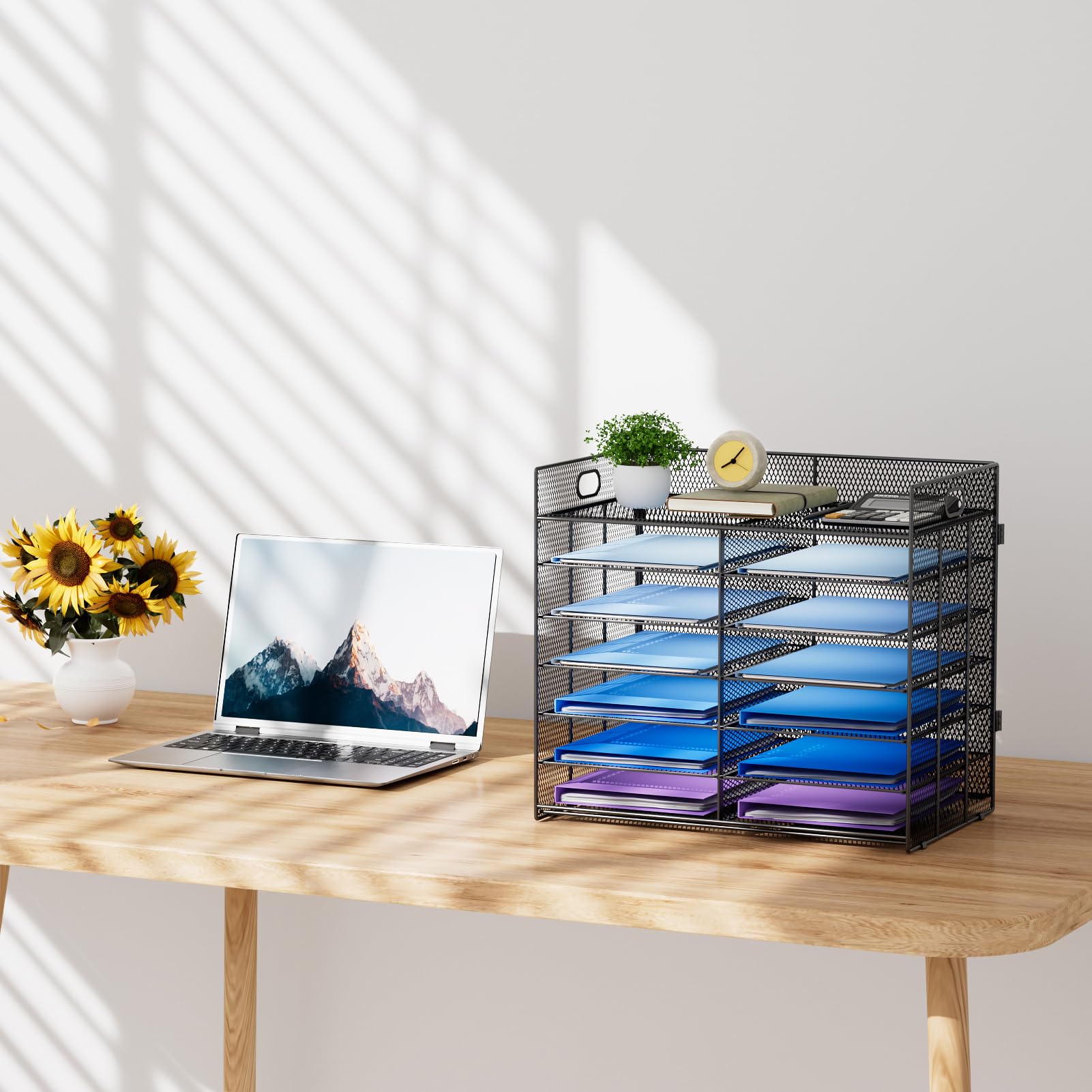 Lavatino 7-Tier Mesh Paper Organizer - Desktop File Sorter Tray with Handle for Office, Classroom & Home | Perfect for Mail, Documents & Office Supplies (Black)