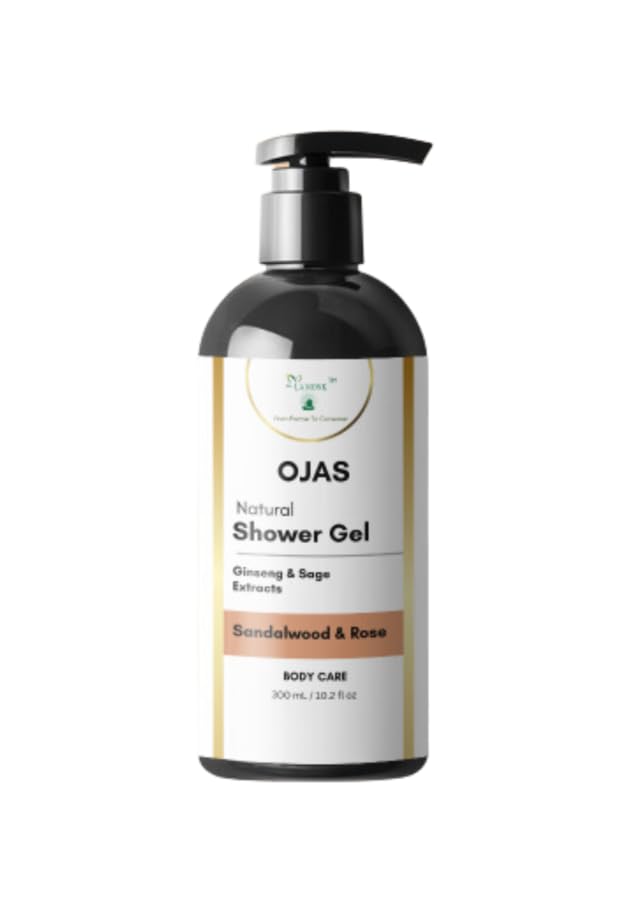 Ojas Natural Shower Gel with Ginseng & Sage Extracts - Sandalwood & Rose Scented Body Wash for Men & Women | Hydrating & Refreshing for Daily Shower Routine