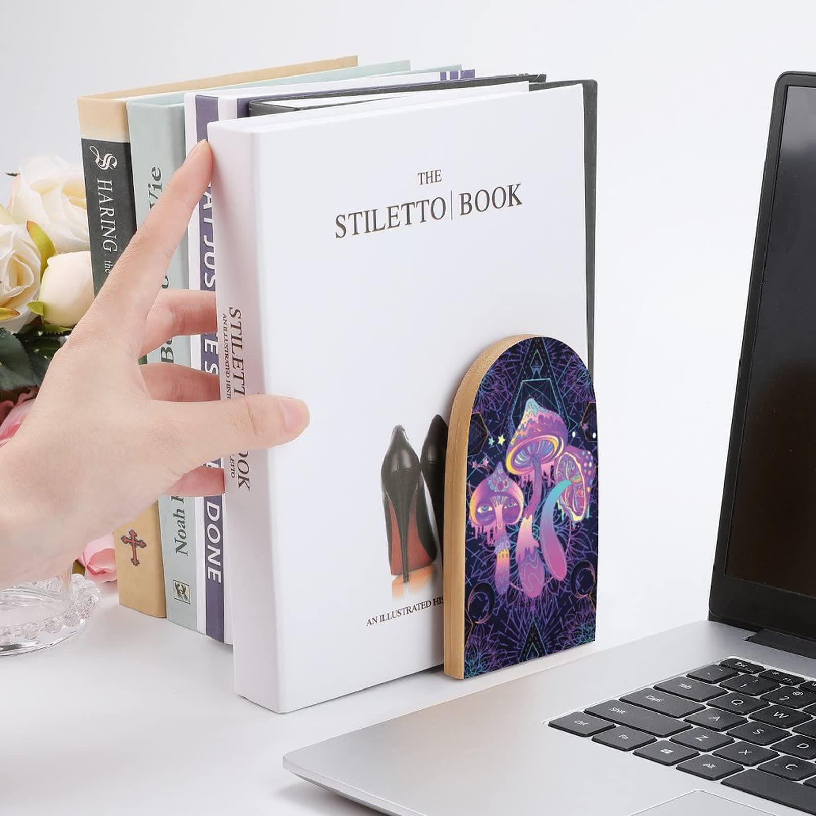 Psychedelic Art Wood Bookends - Magic Mushroom Design Non-Slip Office Decor for Books, Files & Magazines | Perfect for Home Office, Library & Bookshelf Organization