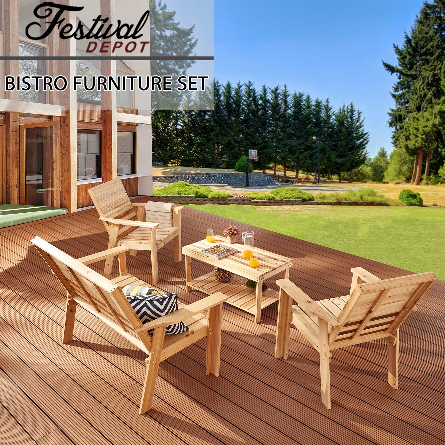 Patio Furniture Set 4-Piece Outdoor Conversation Set with Wood Armrest Loveseat, Lounge Chair, and Stars & Stripes Printed Coffee Table - Perfect for Backyard, Garden, Deck, and Poolside Relaxation