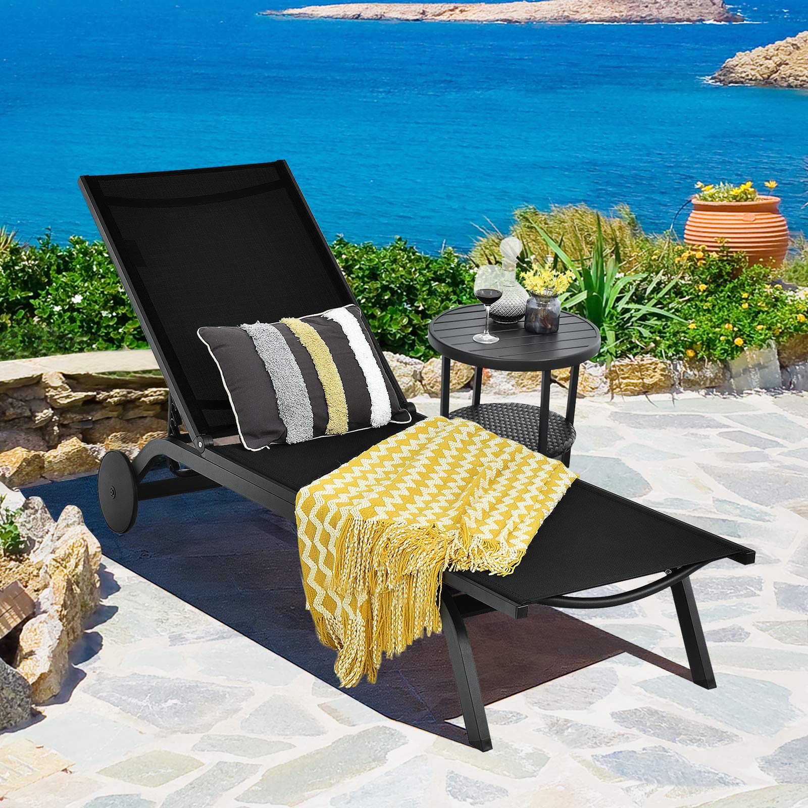 Giantex Outdoor Patio Chaise Lounge Chair - Adjustable 6-Position Recliner with Wheels, Aluminum Frame for Beach, Poolside & Sunbathing - Perfect for Backyard, Garden & Outdoor Relaxation (Black)
