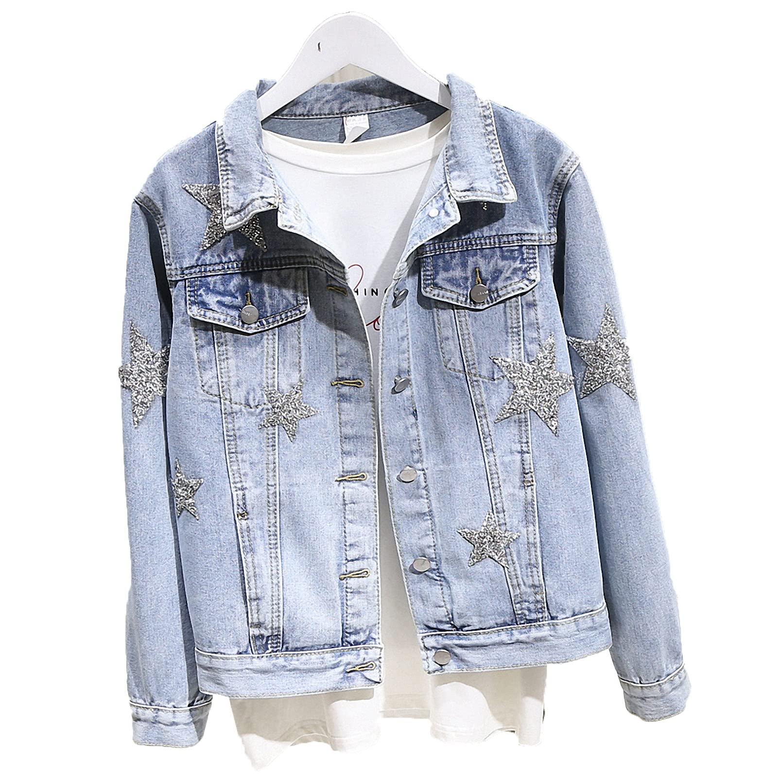 Women's Slim Fit Denim Jacket with Diamond Star Embellishment - Stylish Spring/Fall Short Jean Jacket for Casual Outings & Date Nights
