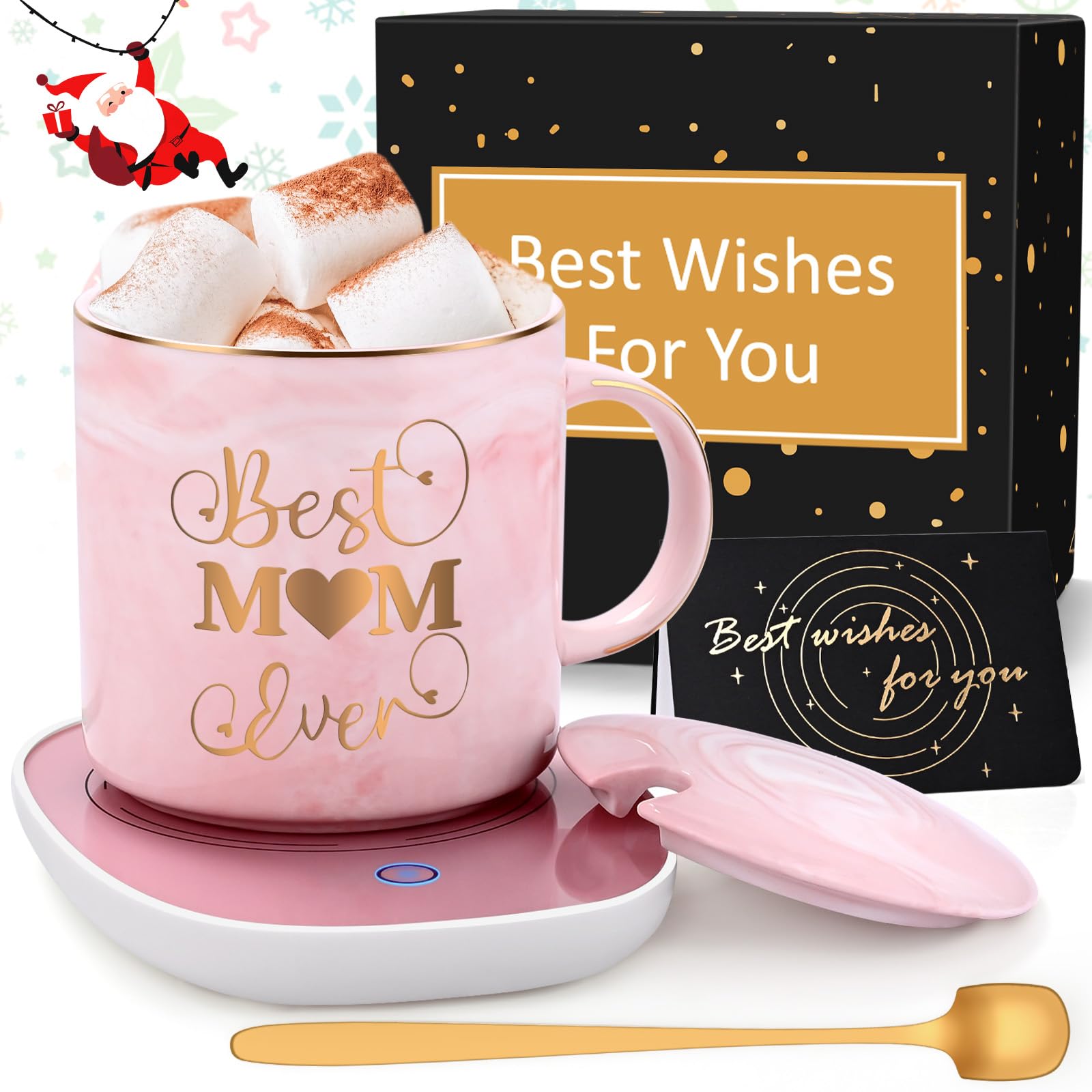 LiqCool Best Mom Ever Marbled Coffee Mug with Smart Warmer Coaster Set - 12 Oz, Gift Box, Spoon - Perfect for Birthday, Mother's Day, New Mom, Wife, Women - Ideal for Home, Office, or Relaxing Moments