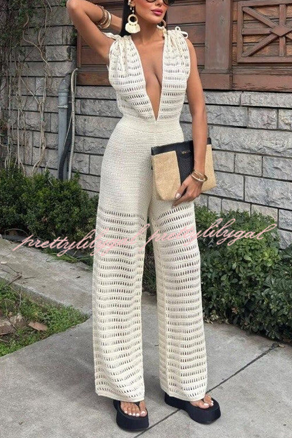 Stylish Solid Color Knitted V-Neck Casual Jumpsuit for Women | Holiday & Everyday Wear | Perfect for Beach, Party, and Office Outfits