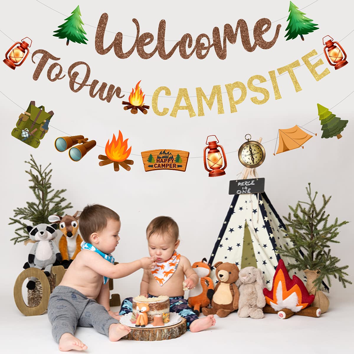 Camping Party Decorations - Welcome to Our Campsite Banner & Camper Garland for Outdoor Adventures, Lumberjack Birthday, Baby Shower | Perfect for Backyard Camping, RV Trips & Themed Parties