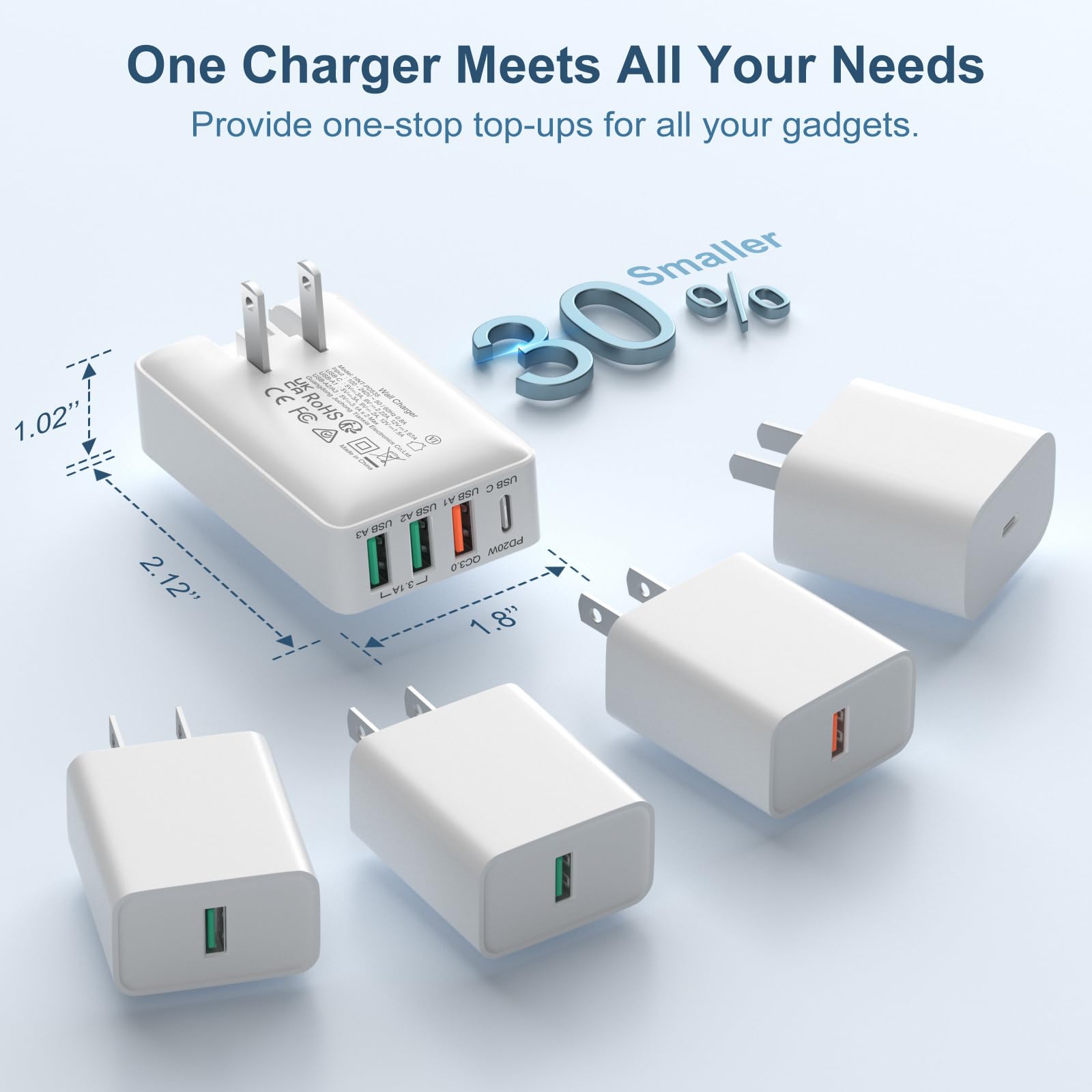 40W 4-Port USB C Wall Charger 2-Pack - Fast PD & QC Charging Block with Foldable Plug, USB C & USB A Ports for iPhone 15/14/13/12/11 Pro Max/XS/XR, iPad, Samsung Galaxy - Perfect for Travel, Home & Office Charging