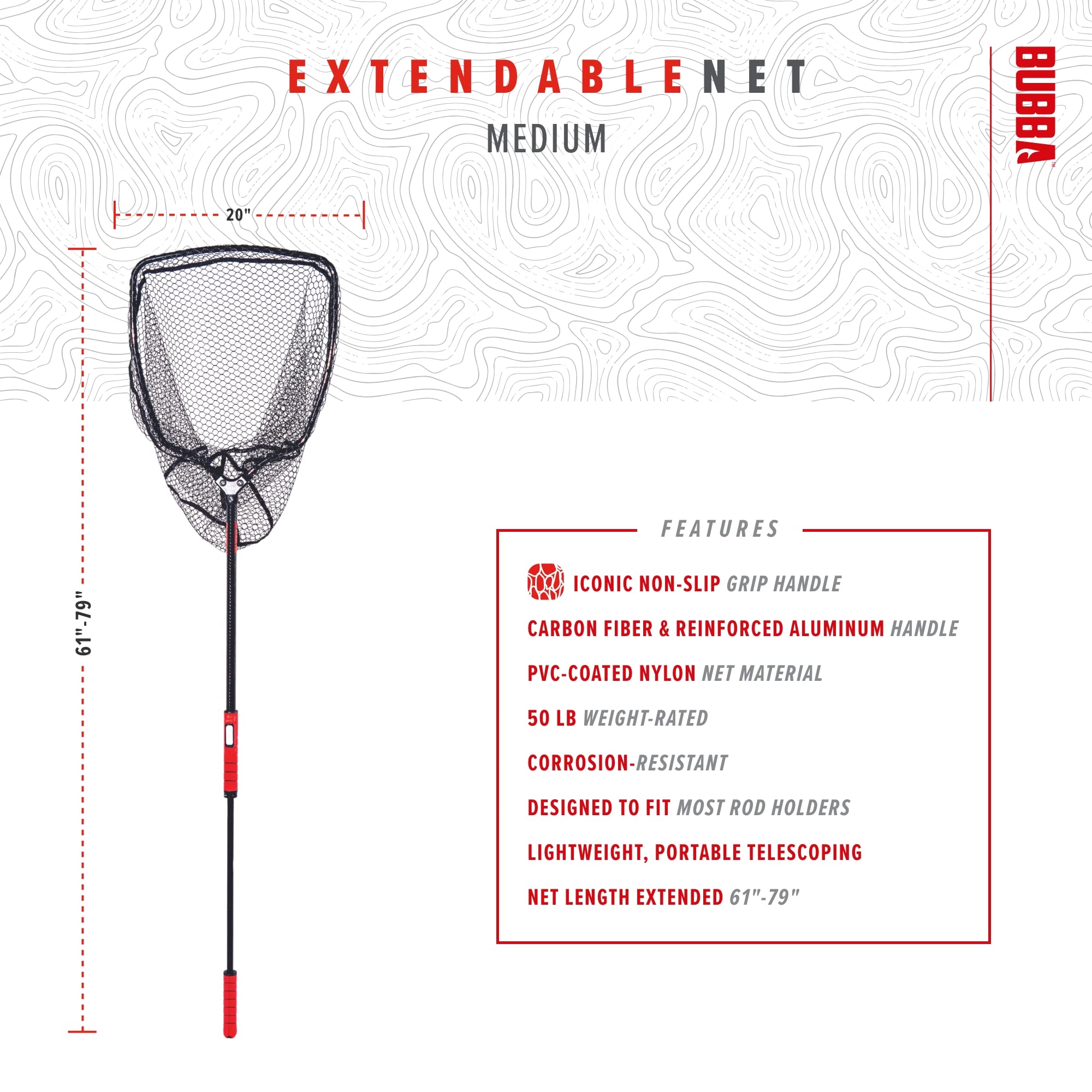 BUBBA Extendable Fishing Net with Corrosion-Resistant Frame, Non-Slip Handle & Carbon Fiber Pole - Perfect for Freshwater, Saltwater, Boat Fishing & Outdoor Adventures