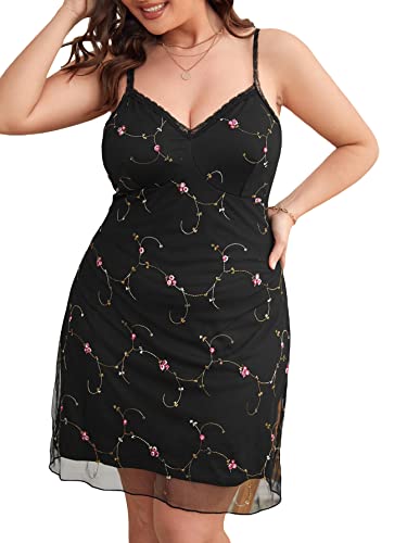 WDIRARA Plus Size Women's Sexy Floral Lace Cami Dress - Floral Embroidery Mesh Mini Dress for Date Night, Party & Summer Vacation
