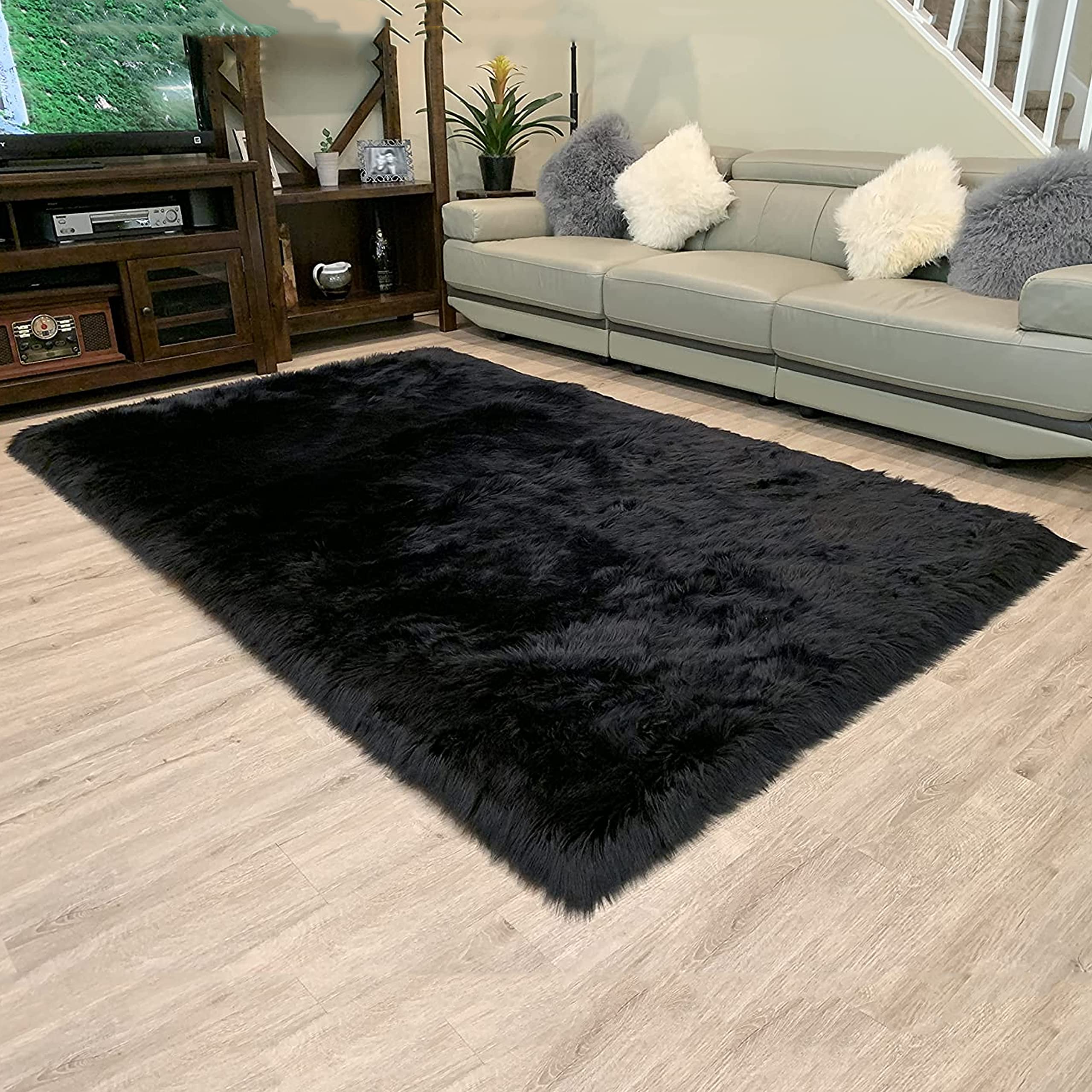 Premium Faux Sheepskin Rug - Ultra Soft High Pile Fluffy Area Rug for Living Room, Bedroom, Nursery | Luxurious 6x9 Foot Black Sheepskin Rug for Cozy Home Decor, Pet Bed & Kids Play Area