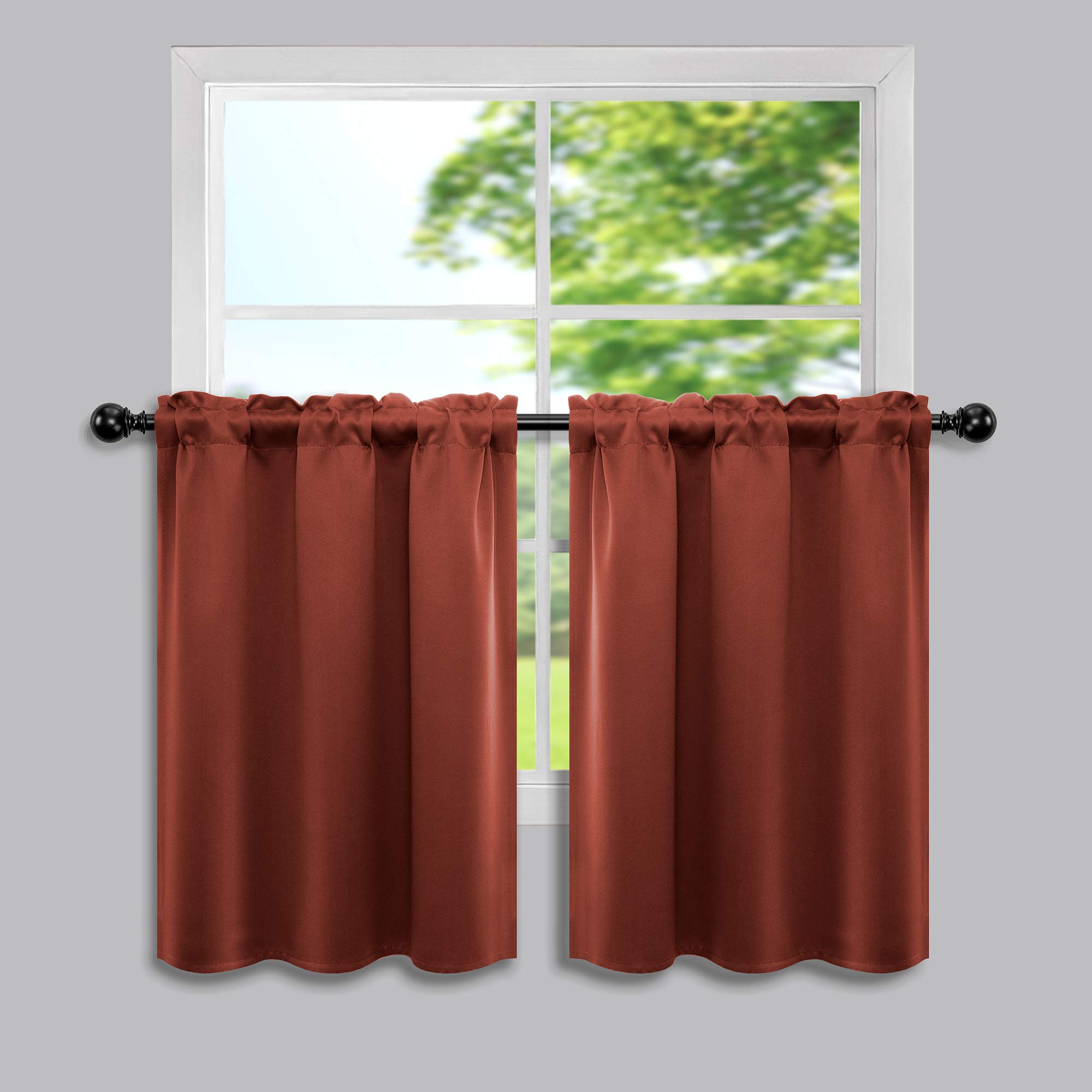 Thermal Blackout Cafe Curtains for Kitchen & Small Windows - 2 Panel Rod Pocket Rust Short Curtains in Terracotta Red (34
