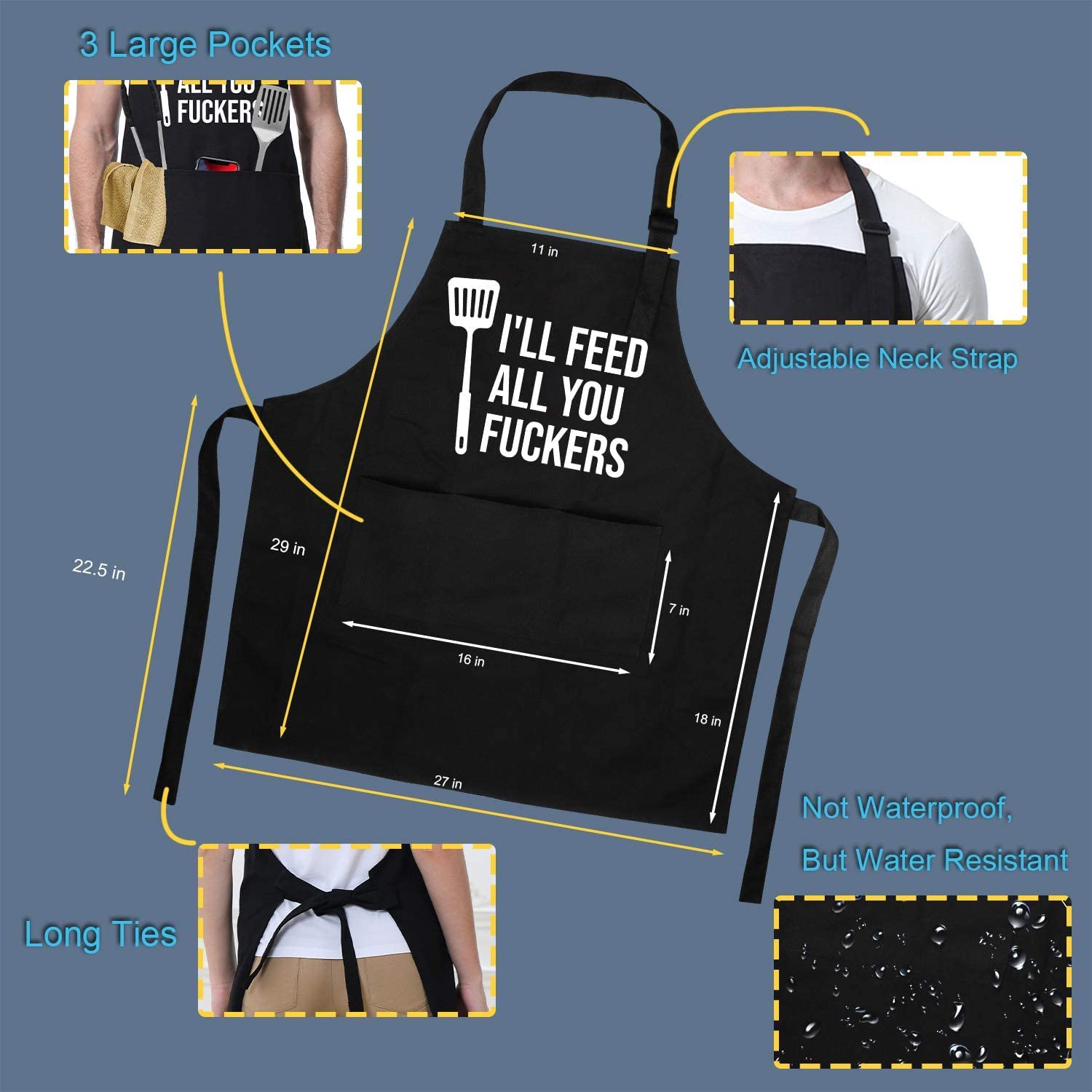 Funny Apron for Men & Women with 3 Pockets - Perfect Dad Gift, Husband Present for Christmas, Thanksgiving & Birthday - Durable Cooking, Grilling & BBQ Chef Apron - Great for Kitchen, Outdoor BBQ & Holiday Gifting