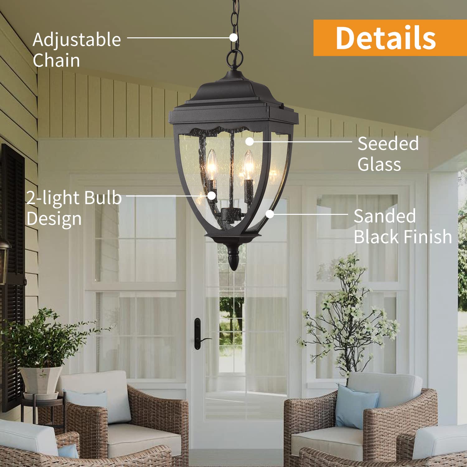 Black Outdoor Pendant Light Fixtures - Exterior Hanging Lantern Chandelier with Seeded Glass for Entryway, Doorway, Farmhouse & Foyer - Perfect for Porch, Patio, and Garden Lighting