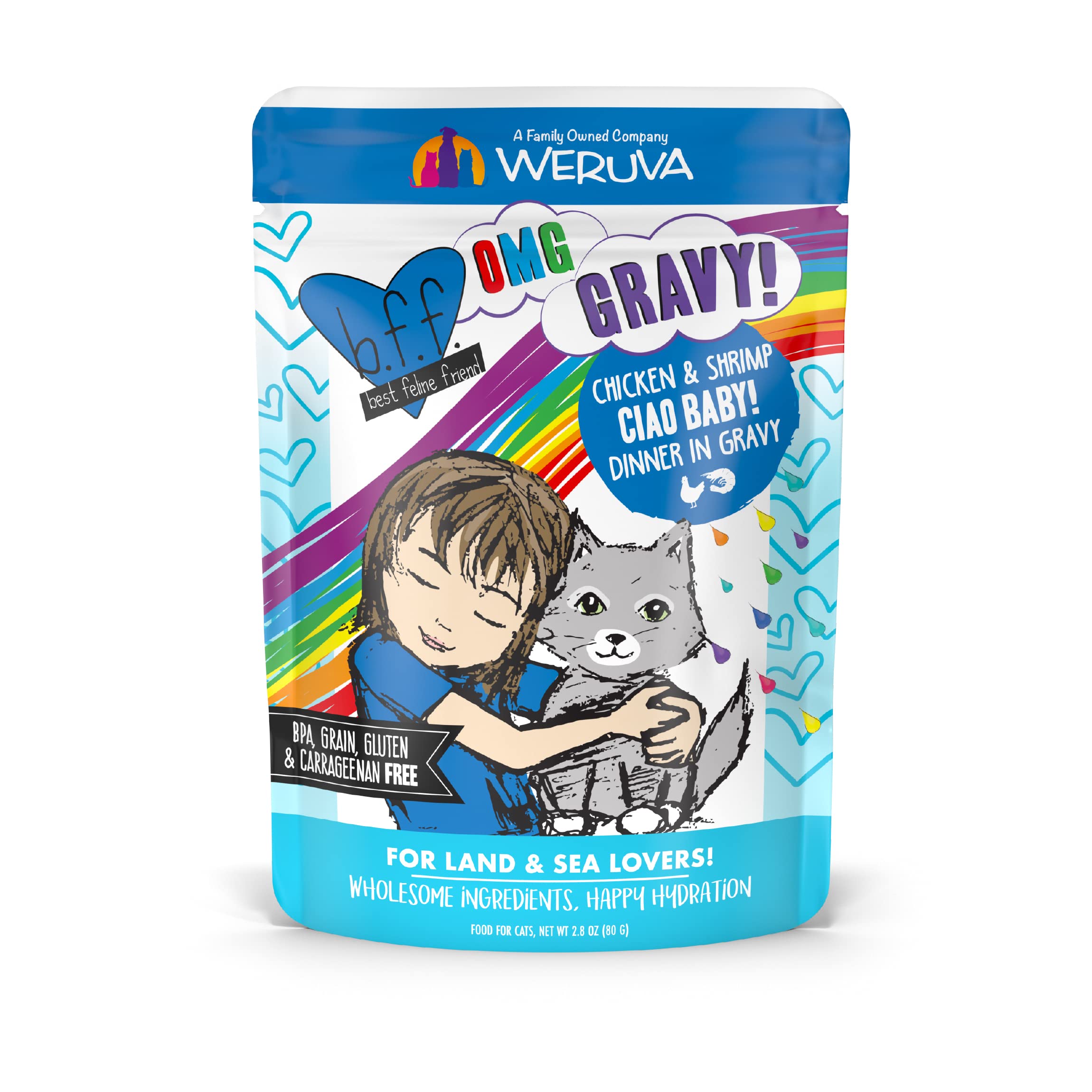 Weruva B.F.F. OMG Chicken & Shrimp in Gravy Wet Cat Food - Grain Free, Natural Ingredients, 2.8oz Pouch (Pack of 12) - Perfect for Adult Cats' Daily Meals or Special Treats