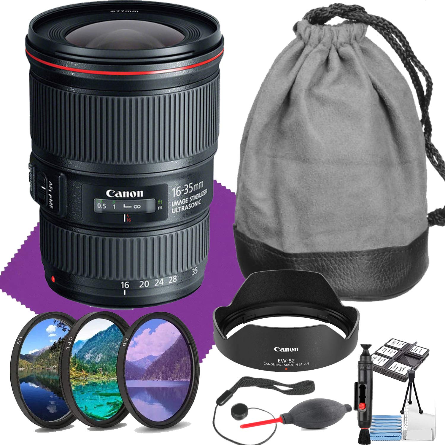 Canon EF 16-35mm f/4L IS USM Wide Angle Zoom Lens with Accessory Bundle & Cleaning Kit - Perfect for Landscape, Architecture, and Travel Photography