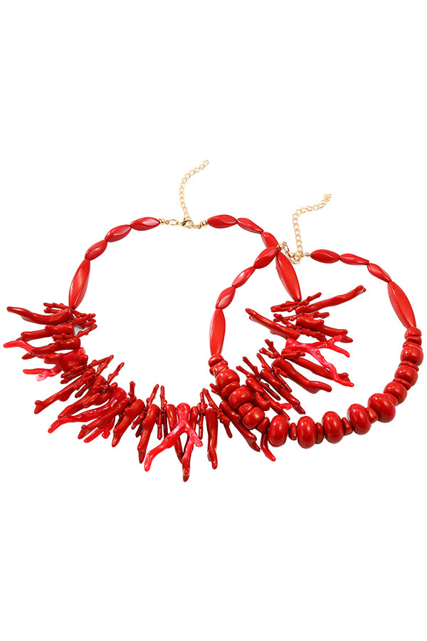 Bohemian Red Coral Necklace Set - 2 Piece Handmade Jewelry for Women | Boho Chic Accessories for Beach, Festival & Everyday Wear
