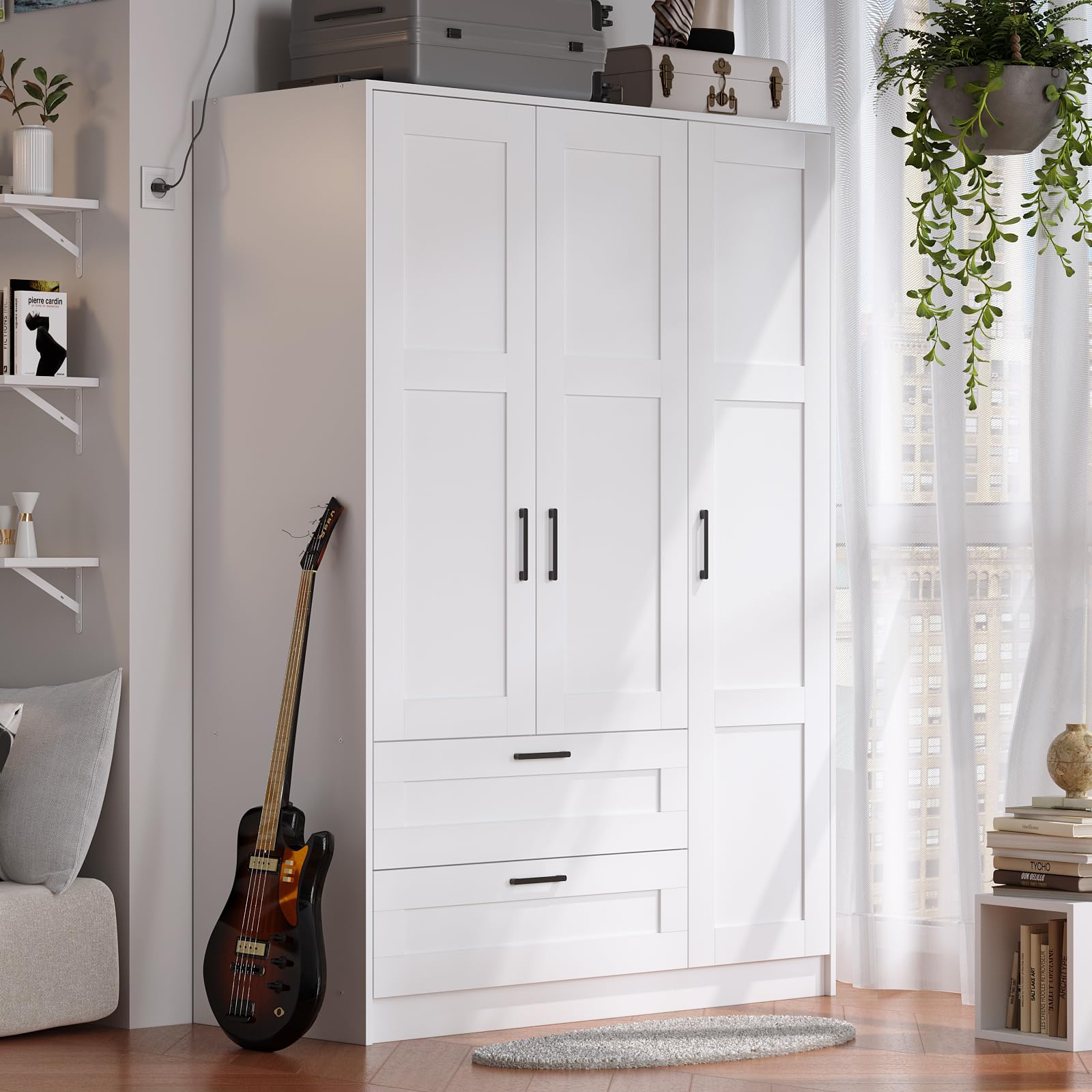 3-Door Wooden Wardrobe Closet Armoire with 2 Drawers & Shelves - White Freestanding Storage Cabinet for Hanging Clothes, Large Capacity Bedroom Organizer (Perfect for Master Bedroom, Guest Room, or Dorm Storage)
