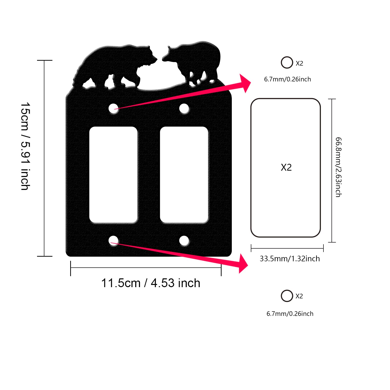 Black Bear Iron Double Gang Rocker Light Switch Wall Plate Cover with Screws - 1.32x2.63 Inch Hole Size - GFCI Power Outlet Decor for Home, Office & Commercial Use