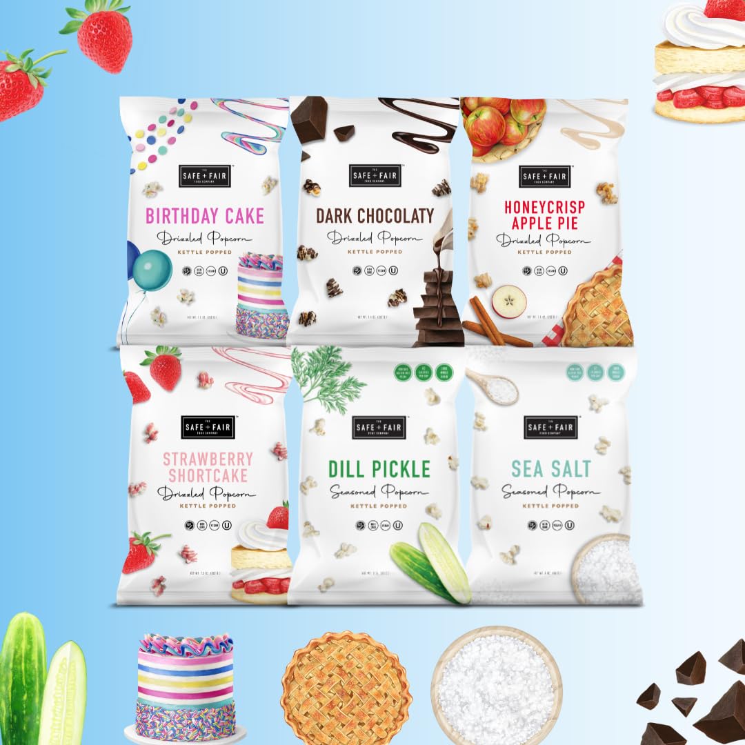 Safe + Fair Birthday Cake Drizzled Popcorn - Gluten-Free, Dairy-Free Vegan Snack - Non-GMO, Plant-Based Kettle Popped Corn (5.5 oz) - Free From Top 9 Allergens & Artificial Ingredients - Perfect for Birthday Parties, Movie Nights & Healthy Snacking