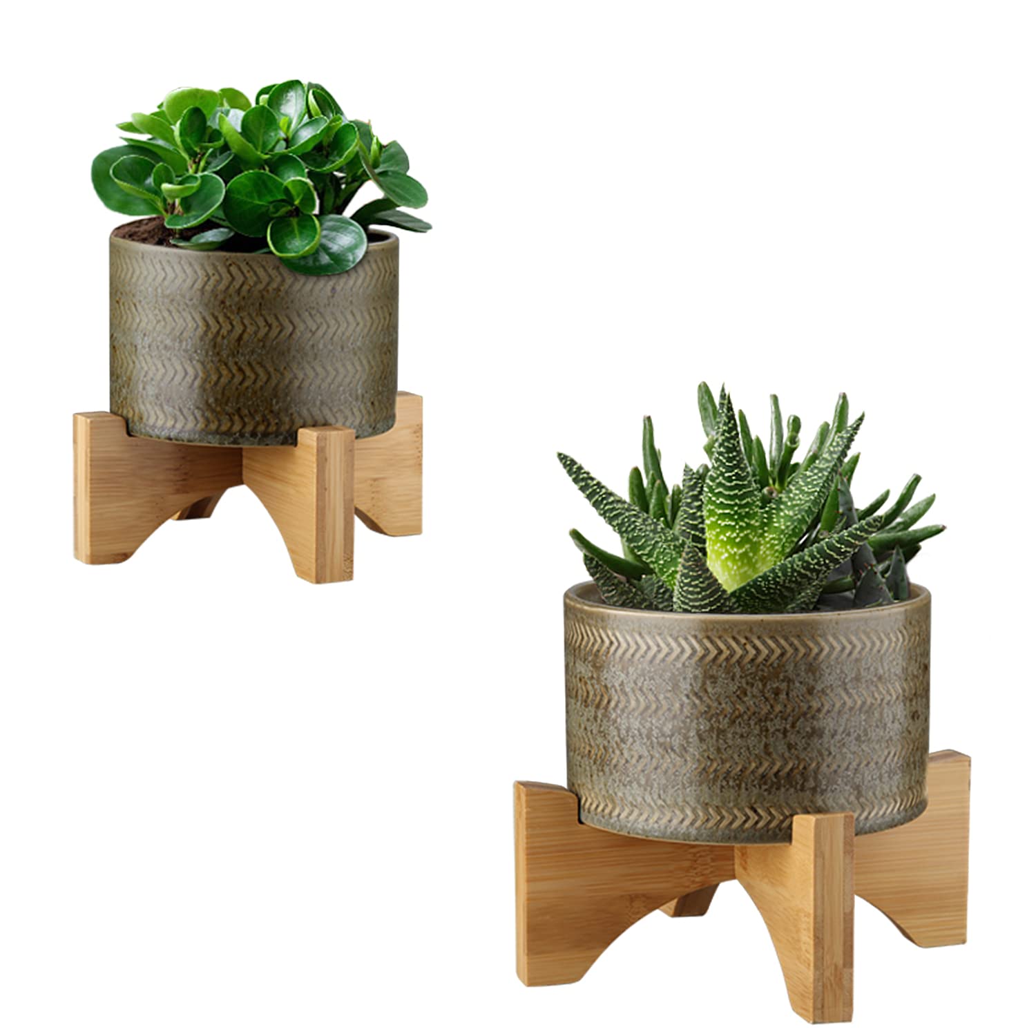 Modern Ceramic Plant Pots Set of 2 - 4.5 & 5.5 Inch Round Brown Flower Planters with Wooden Stand for Indoor Plants | Perfect for Succulents, Snake Plants, Herbs in Home, Office, Balcony & Garden Decor