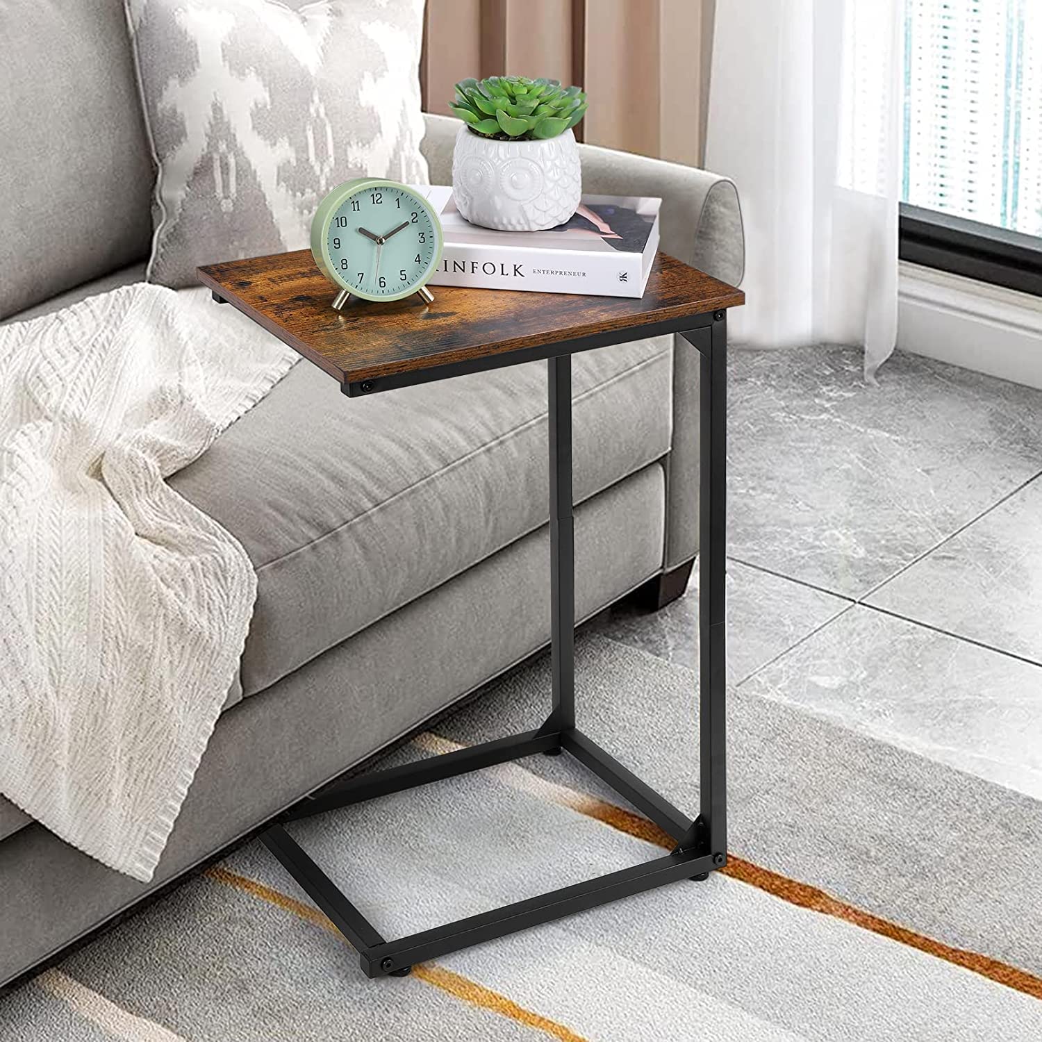 Rustic Brown C-Shaped Side Table Set of 2 - Sofa End Table for Living Room & Bedroom - Perfect for Small Spaces, Reading Nooks, and Coffee Table Alternatives