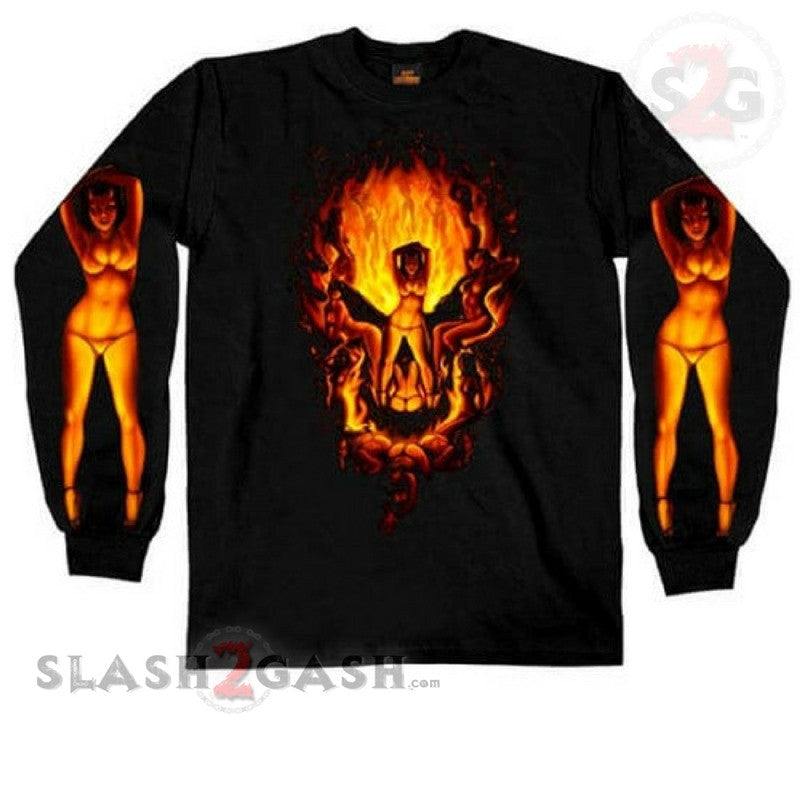 Hot Leathers Devil Chicks Skull Print Long Sleeve T-Shirt for Men - Gothic Biker Style Top for Motorcycle Riding & Rock Concerts