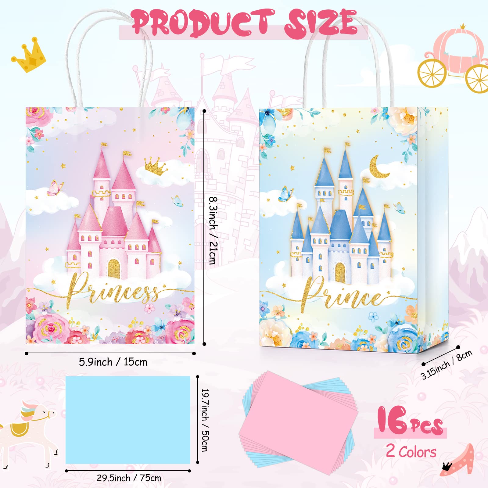 16-Piece Princess & Prince Party Favor Bags - Elegant Goodie Gift Candy Bags for Birthday, Baby Shower, Royal Themed Parties - Perfect for Kids' Celebrations, Gender Reveals & Fairy Tale Events