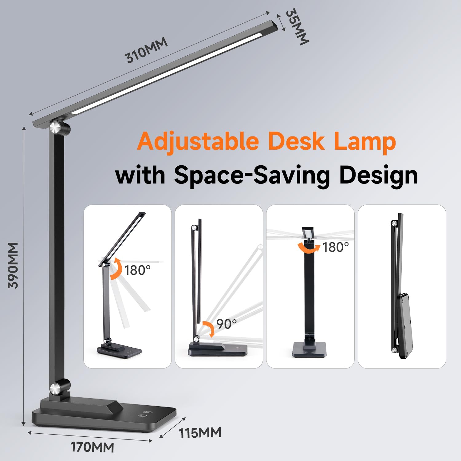 Mubarek LED Desk Lamp - 15 Lighting Modes, 500 Lumen Dimmable Table Light, Adjustable & Foldable Office Study Lamp for Reading, Working, Bedside Use
