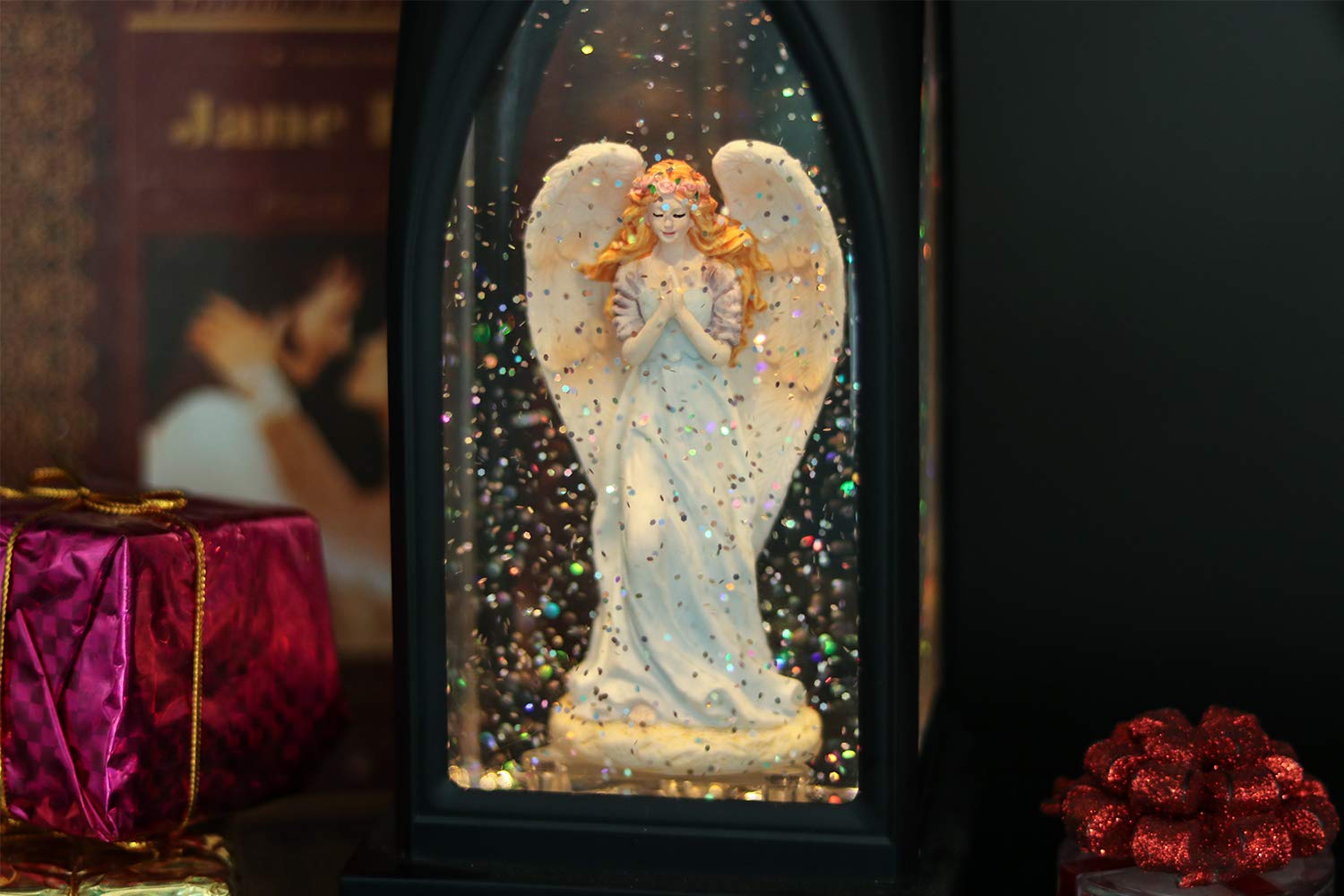 Eldnacele 12-Inch Musical Christmas Snow Globe Lantern with Angel Design, Timer & USB/Battery Power - Glittering Water Nativity Scene for Holiday Centerpiece, Home Decor, Party & Gift Giving