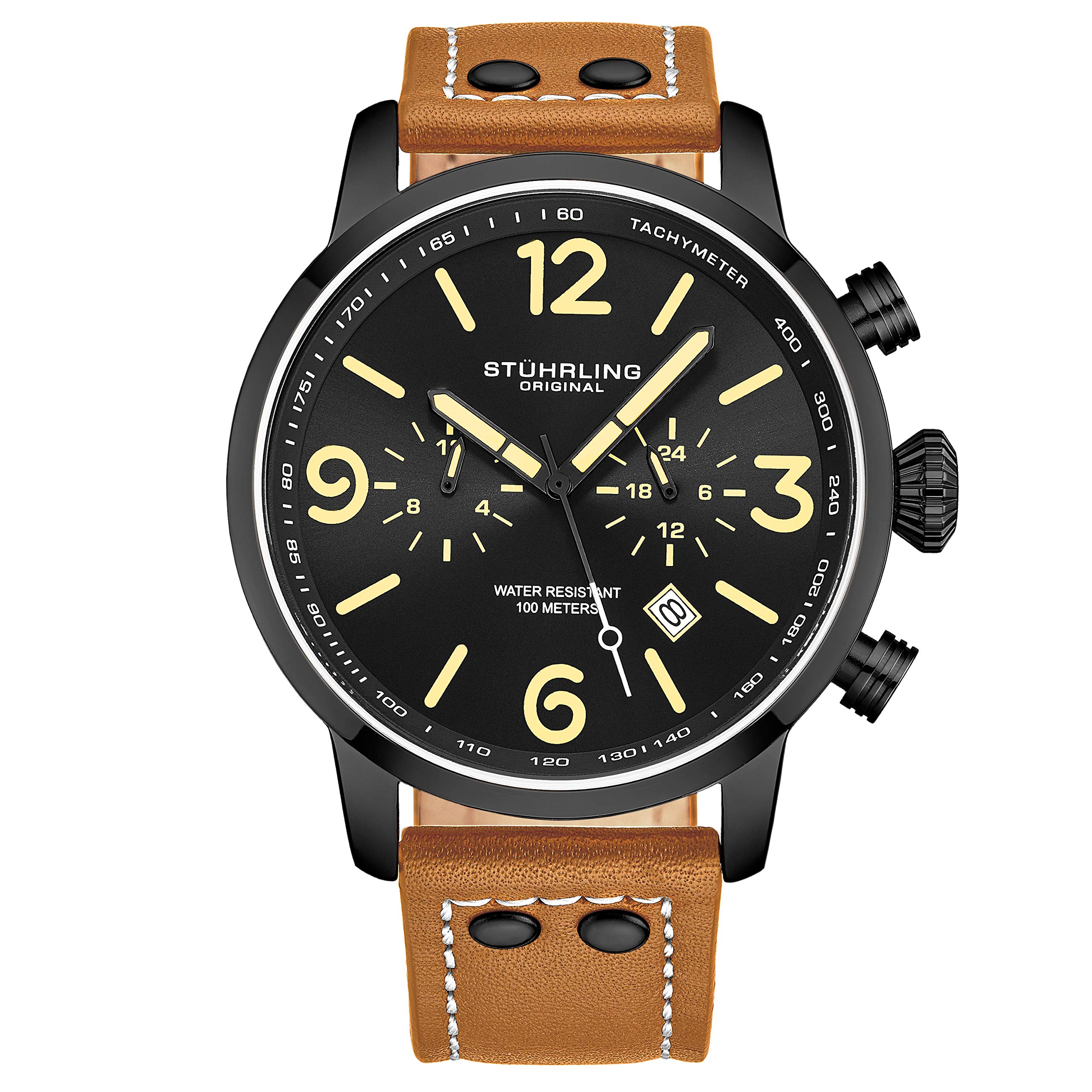Stuhrling Original Men's Aviator Pilot Watch - Genuine Leather Strap, Date Display, Dual Time & 24-Hour Subdial, Tachymeter - Perfect for Business, Formal Events & Aviation Enthusiasts