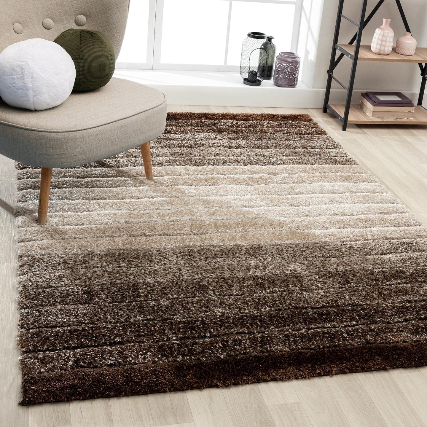 LUXE WEAVERS Lantanas Brown 5x7 Shag Geometric Area Rug - Modern Striped Design, Stain Resistant & Plush Indoor Rug for Living Room, Bedroom, or Office Decor