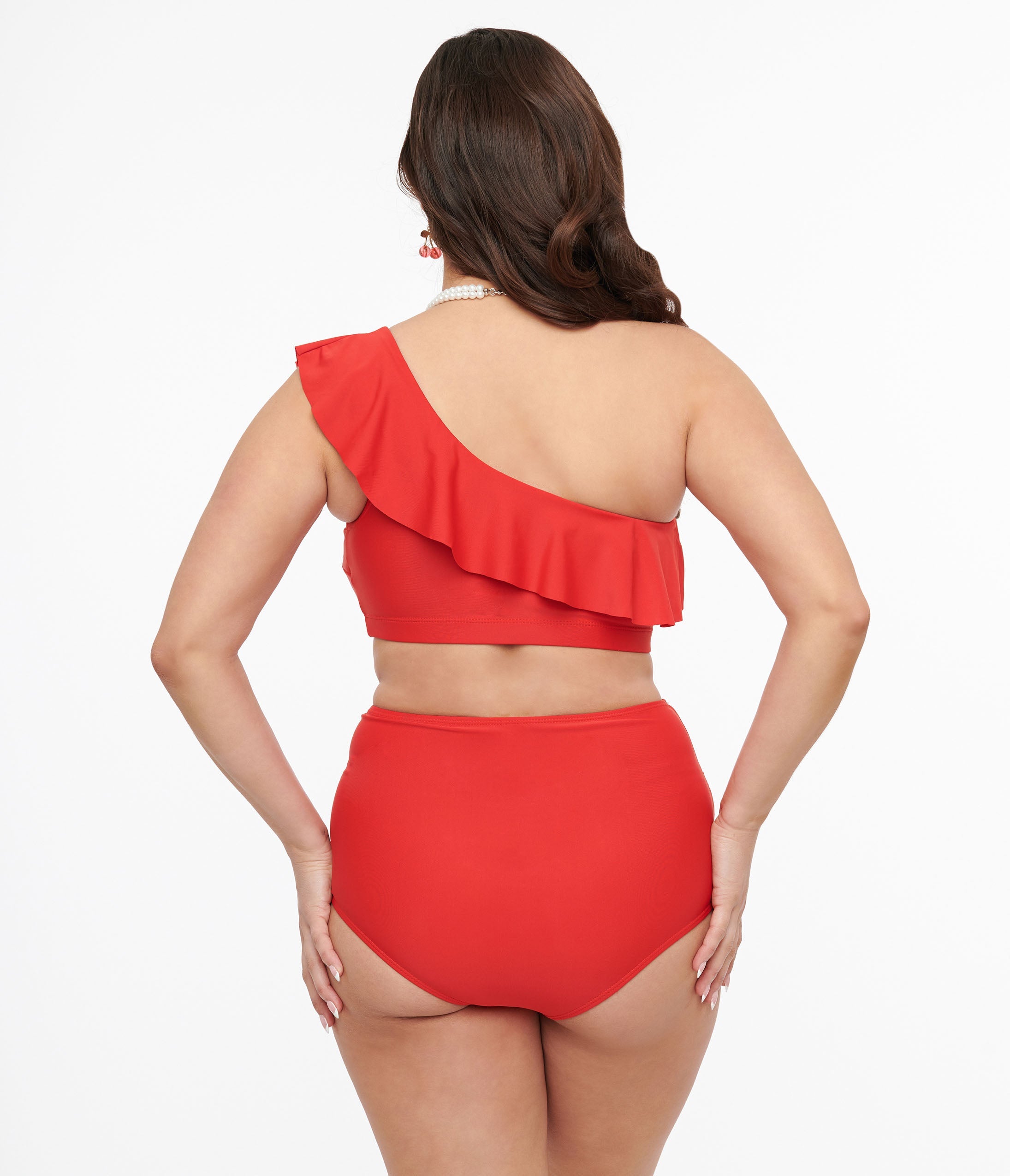 Trendy Red Asymmetric One Shoulder Ruffled Two Piece Swimwear Set - Sexy Bikini for Beach Vacation & Pool Party