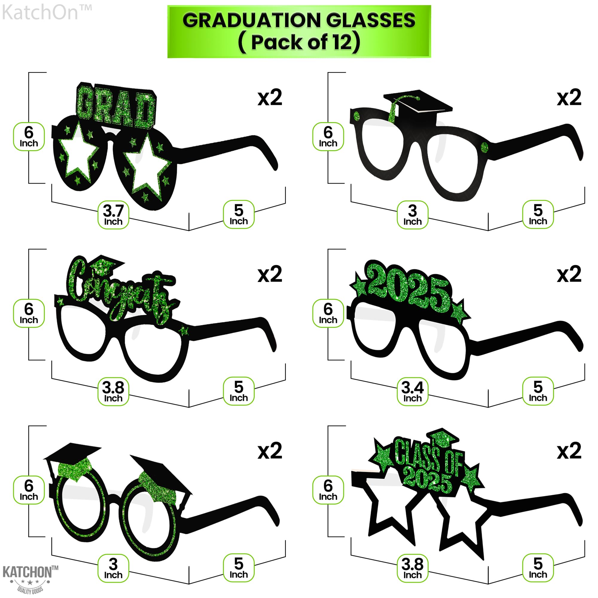 KatchOn Green Graduation Glasses 2025 - Pack of 12 | Class of 2025 Graduation Party Decorations & Photo Booth Props | Perfect for Graduation Ceremonies, Photo Shoots & School Celebrations