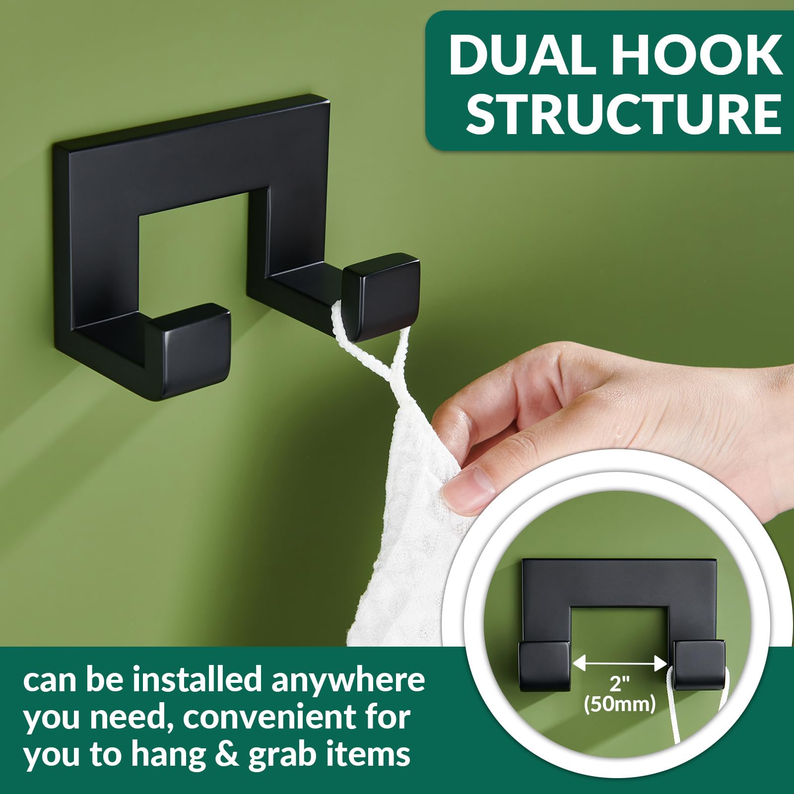APLusee Matte Black Dual Coat Hook - Stainless Steel for Bathroom & Kitchen Storage