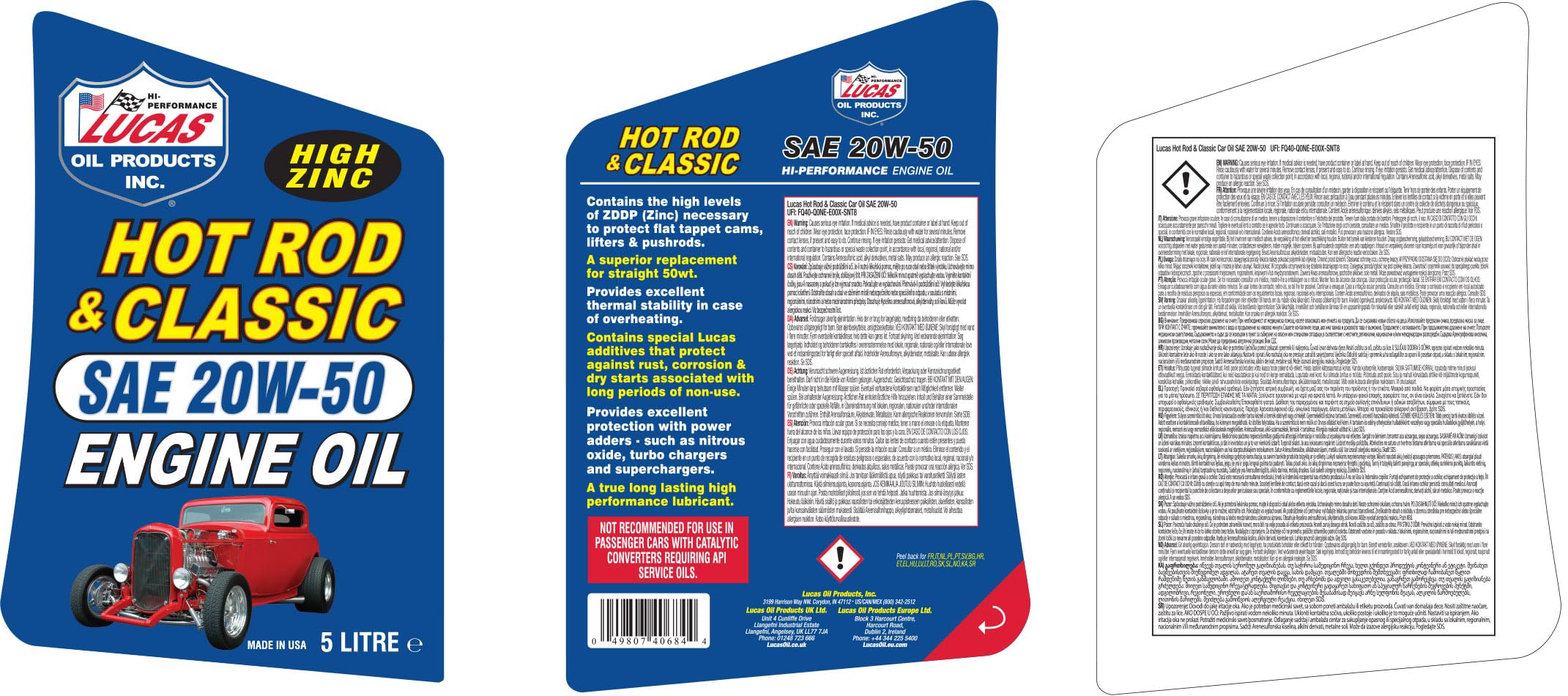 Lucas Oil 10684-3PK 20W-50 High Performance Motor Oil - 5 Quart Jug (3 Pack) for Classic Cars, Hot Rods & High Mileage Engines - Ideal for Summer Driving & Heavy-Duty Use