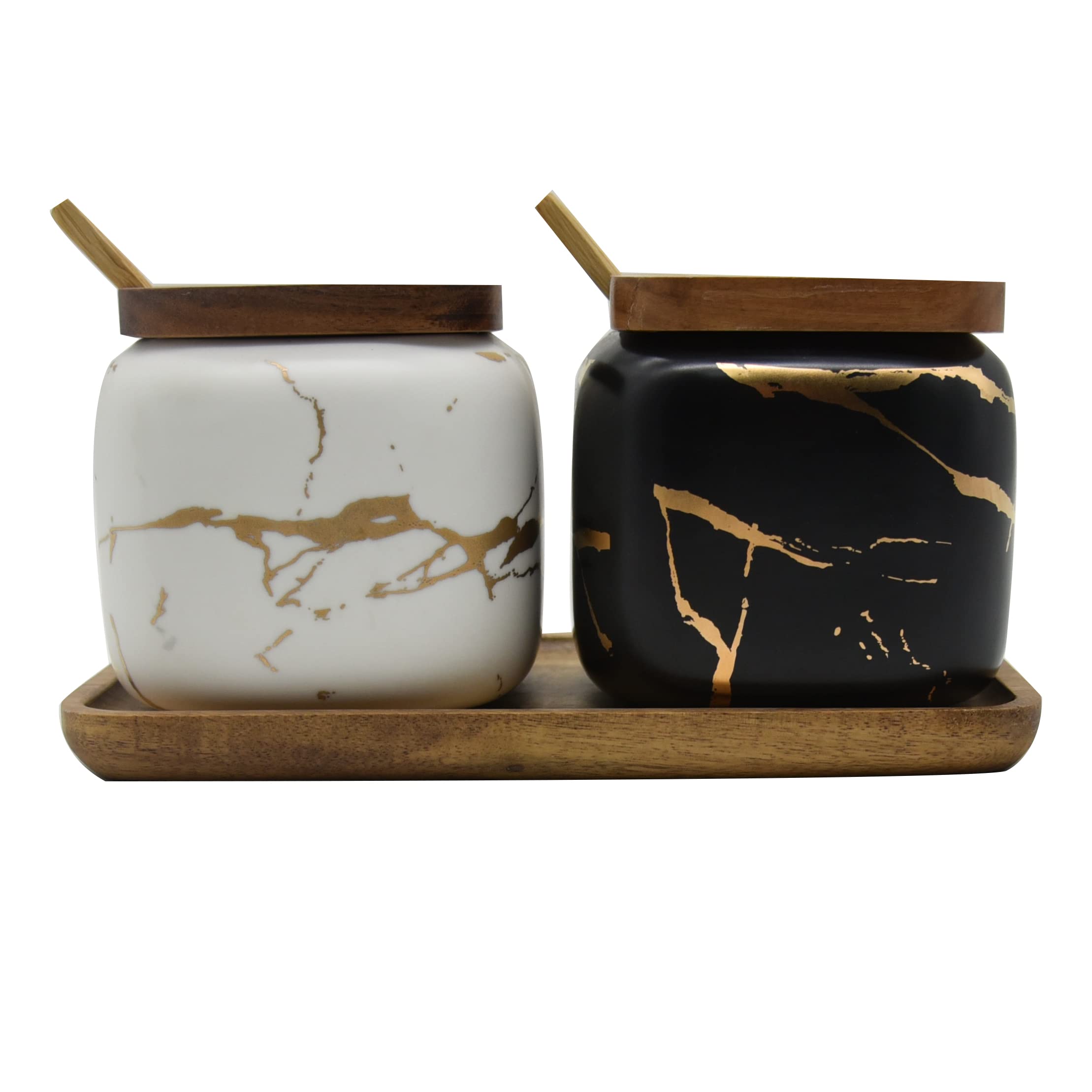 2 Sets Marble Ceramic Seasoning Jars with Lids - Sugar Bowl, Tray & Spoons Set (Black & White) for Kitchen Countertop, Dining Table & Coffee Bar Decor