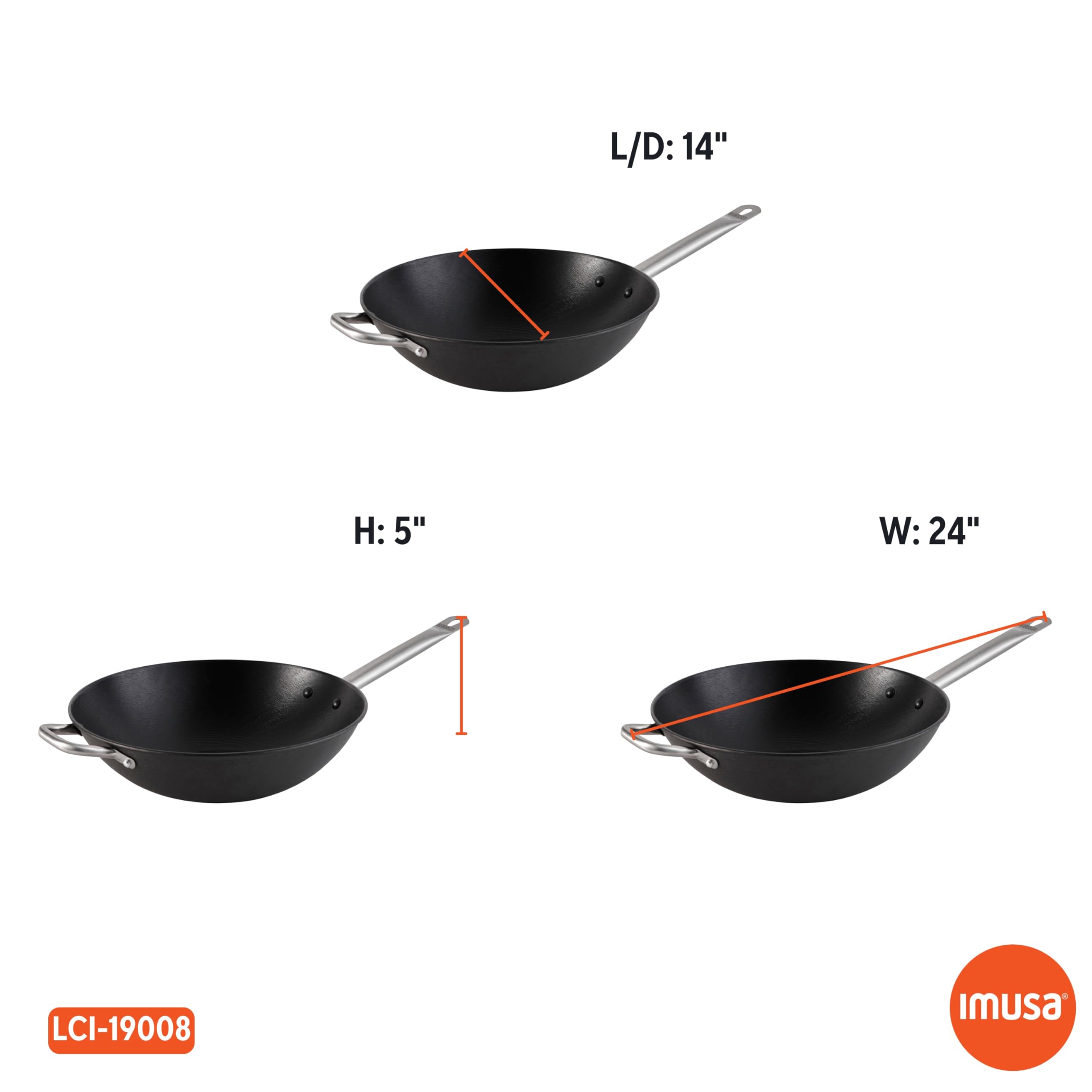 Imusa LCI-19008 USA 14-Inch Pre-Seasoned Cast Iron Wok with Non-Stick Surface & Stainless Steel Handles - Perfect for Stir-Frying, Deep Frying & Asian Cooking - Black