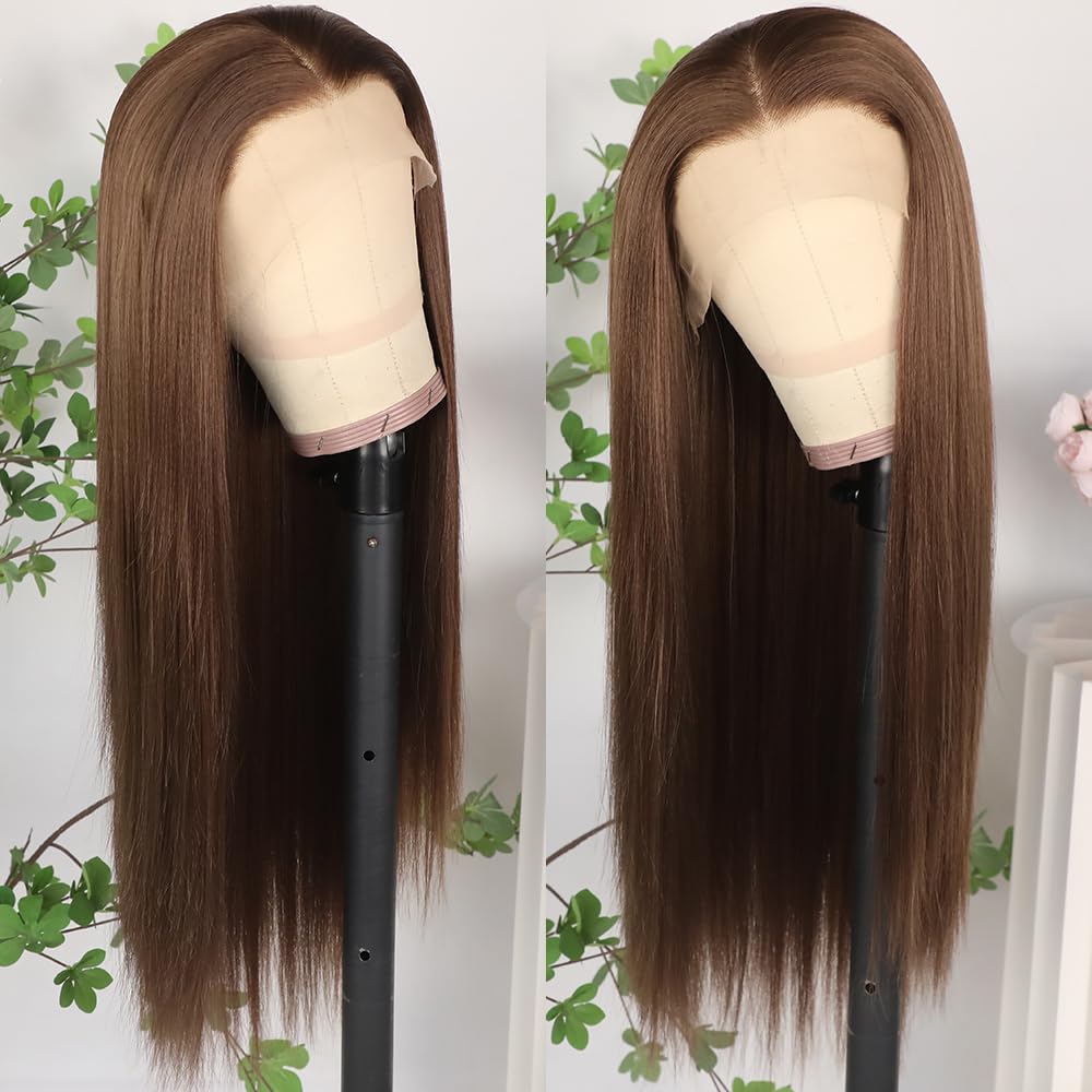 Lezaxiu Brown Lace Front Wig - Pre Plucked Ready to Wear Glueless Synthetic Wig with Natural Hairline | Auburn Brown Long Straight Heat Resistant Hair | Fashion Wigs for Women | Perfect for Cosplay, Daily Wear & Special Occasions