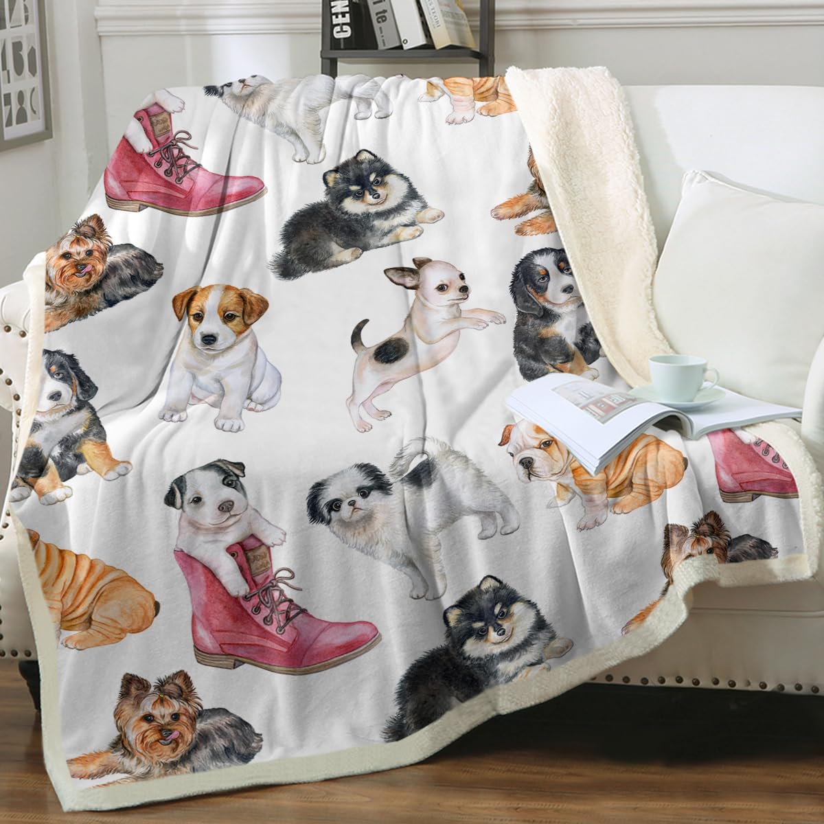 Sleepwish Adorable Dogs Sherpa Fleece Blanket - Soft Reversible Pet Throw Blanket for Couch, Sofa & Bed - Lightweight Warm Cozy Fluffy Blanket (60