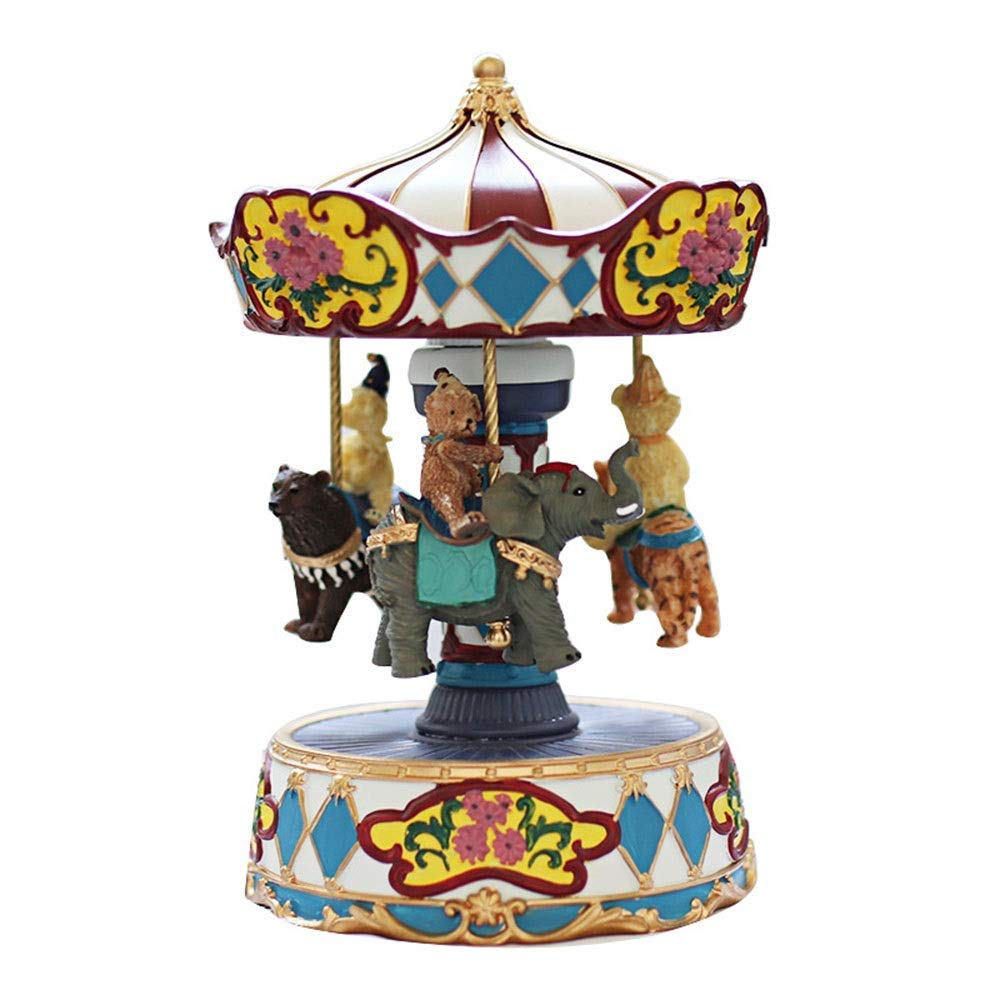 Vintage Carousel Music Box - Elephant Leopard Black Bear Animal Theme, Resin Material, 12.5x12.5x21cm, Home Decor Gift for Birthday, Wedding, Baby Shower | Perfect for Nursery Decor, Collectible Display & Personalized Present