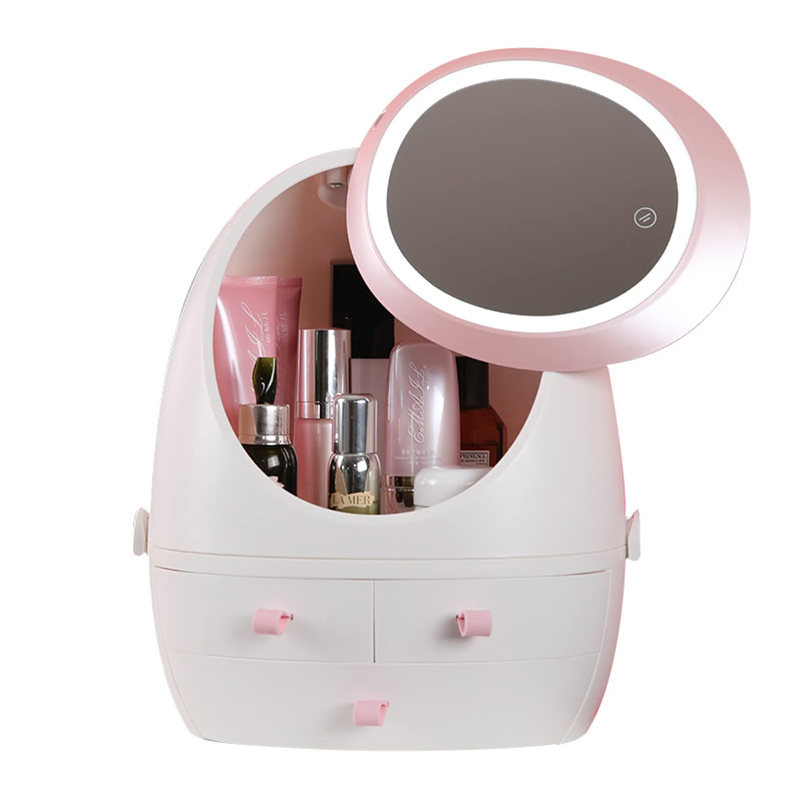 JMQN Portable Makeup Organizer with LED Lighted Mirror - Modern Cosmetic & Jewelry Display Case for Vanity Countertop, Pink Bathroom Makeup Stand (Perfect for Travel, Home Decor & Gift Ideas)