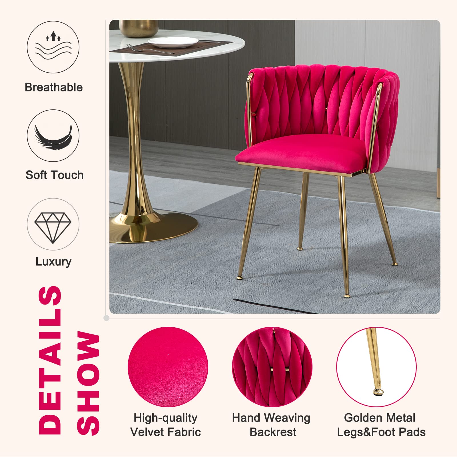NIOIIKIT Modern Velvet Dining Chairs Set of 2 - Handwoven Upholstered Accent Chairs with Golden Metal Legs for Living Room, Dining Room, Kitchen & Vanity - Soft Rosered Velvet for Elegant Home Decor & Entertaining