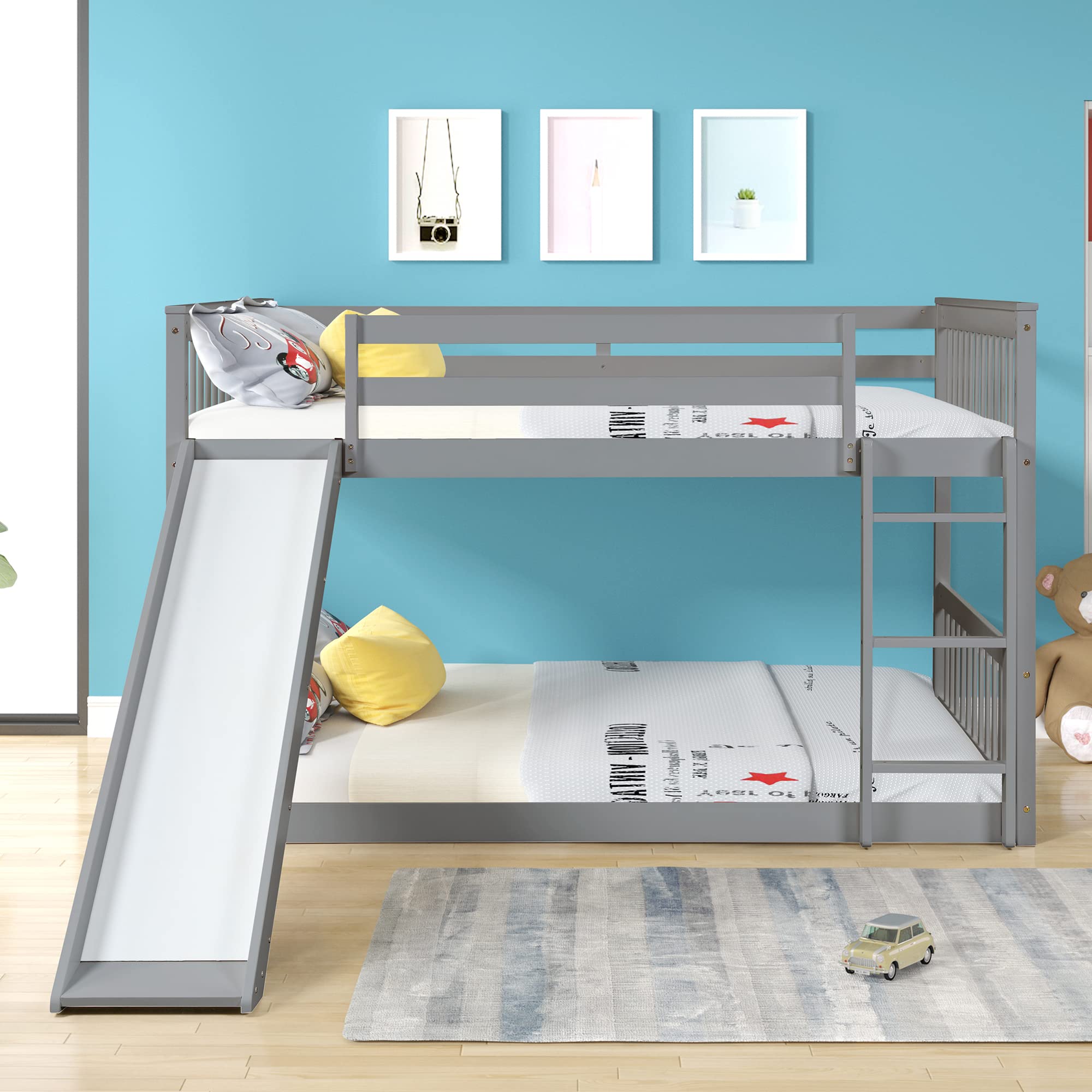 Harper & Bright Designs Low Full Over Full Bunk Beds for Kids - Wooden Bunk Bed with Slide & Ladder - Space-Saving Twin Bunk Bed for Boys, Girls & Teens - Grey - Perfect for Small Bedrooms, Shared Kids Rooms & Sleepovers