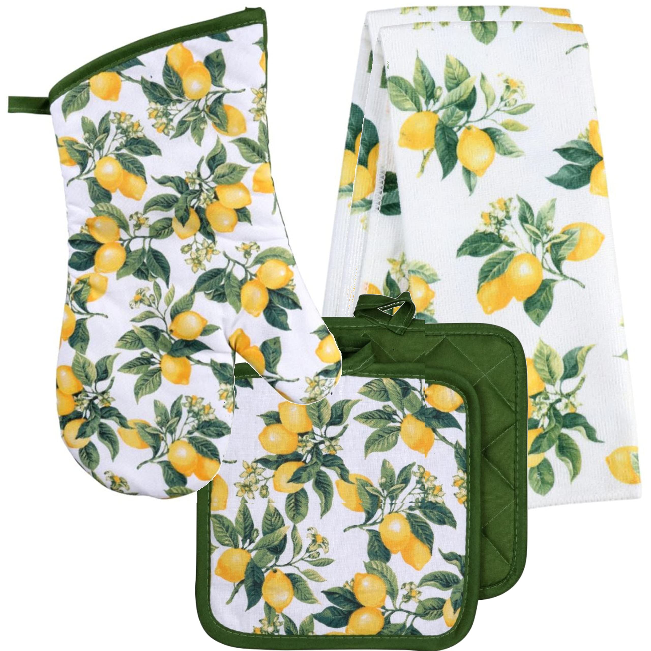 Seasonal Kitchen Linen Set with Oven Mitt, Potholders & Towels - Ripe Lemons Design for Baking & Cooking - Perfect for Holiday Kitchen Decor & Gift Giving