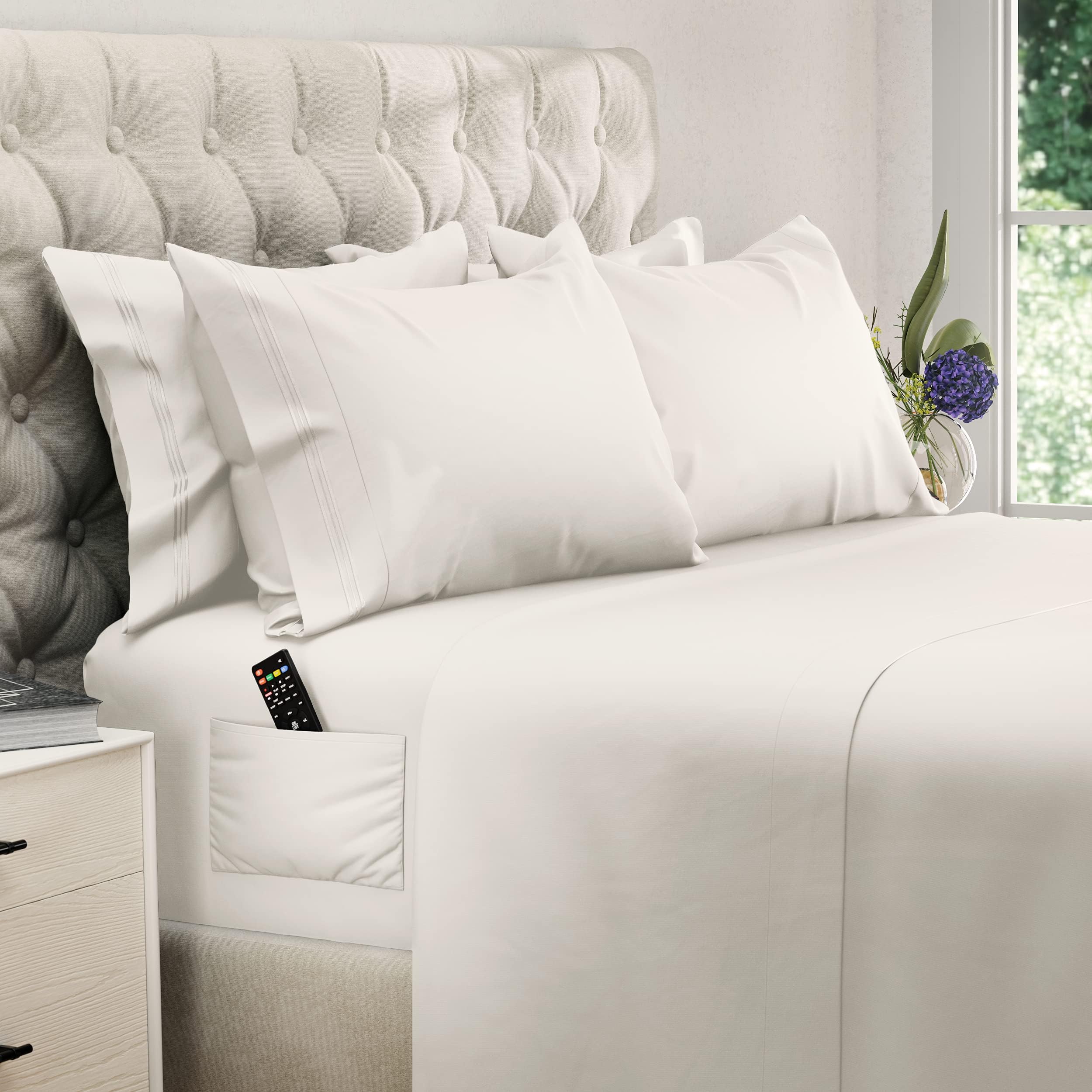 Cooling Full Size Bed Sheets Set - 6 Piece Soft & Breathable 100% Brushed Polyester Sheet Set with Side Pockets (Ivory) - Perfect for Hot Sleepers & Temperature Regulation in Summer Nights